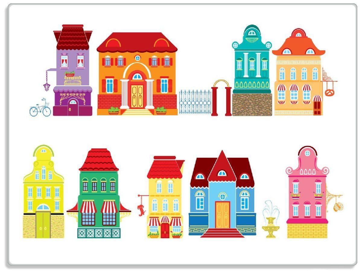 Wallario Schneidebrett Bunte Häuser in 1-St), Comic Stil, rutschfester einer ESG-Sicherheitsglas, Gummifüße Stadt - 4mm, (inkl. 30x40cm