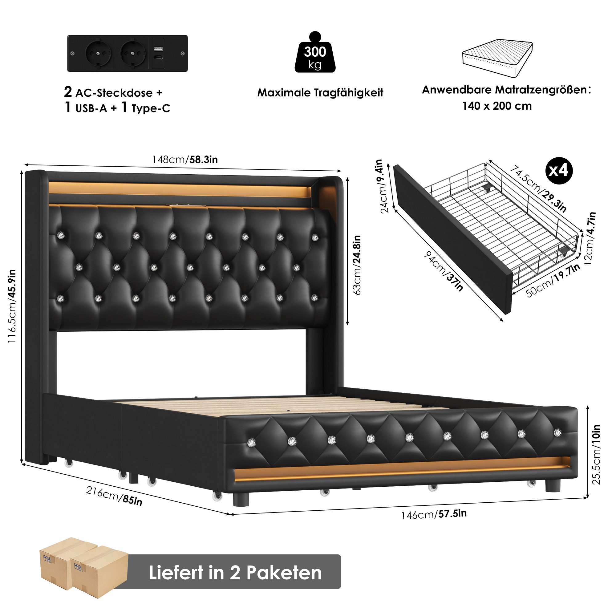 Homfa Polsterbett 140x200 Bett Doppelbett Bettgestell, mit Ladefunktion und günstig online kaufen