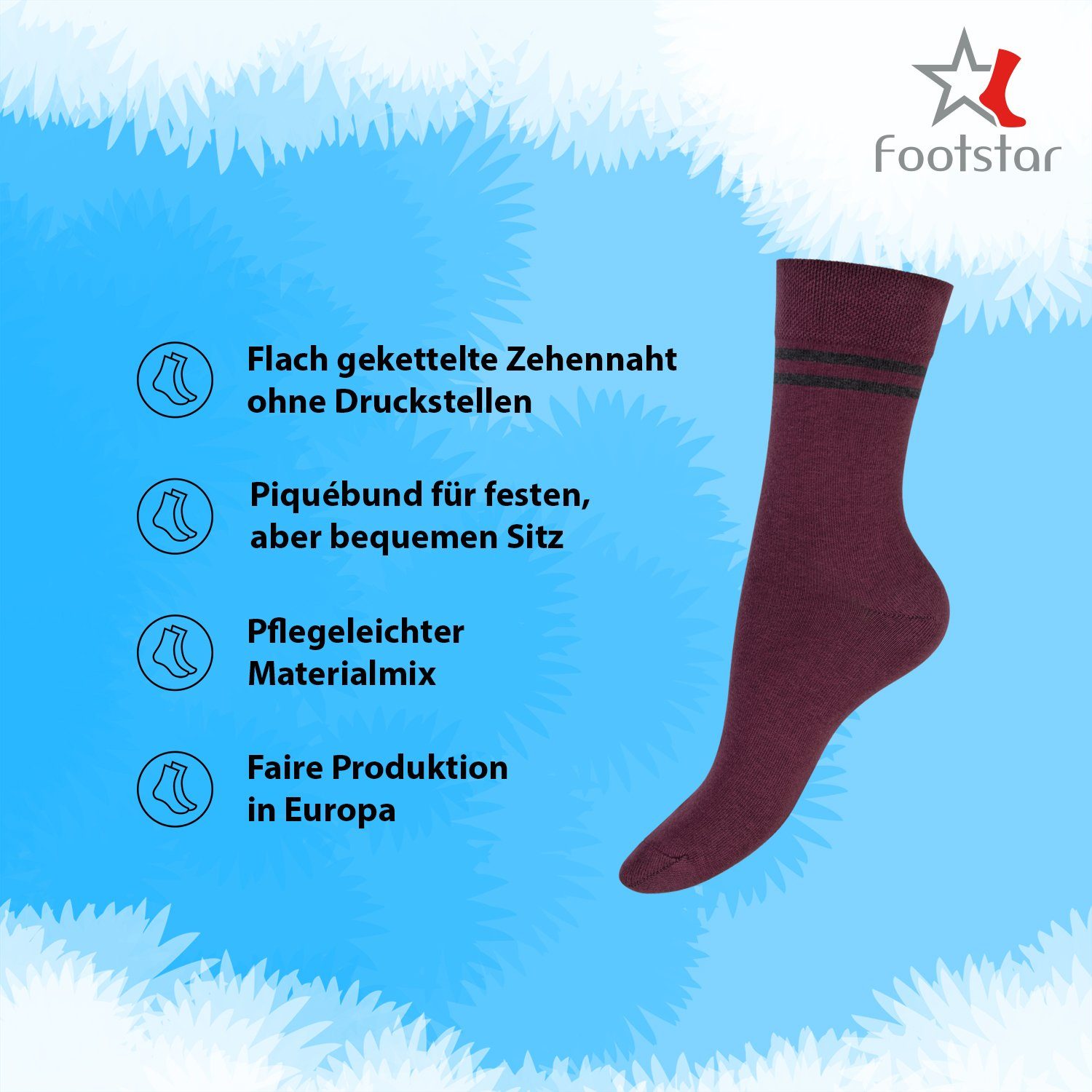 Footstar Basicsocken Damen Ringel Socken (6 Bordeaux Paar)