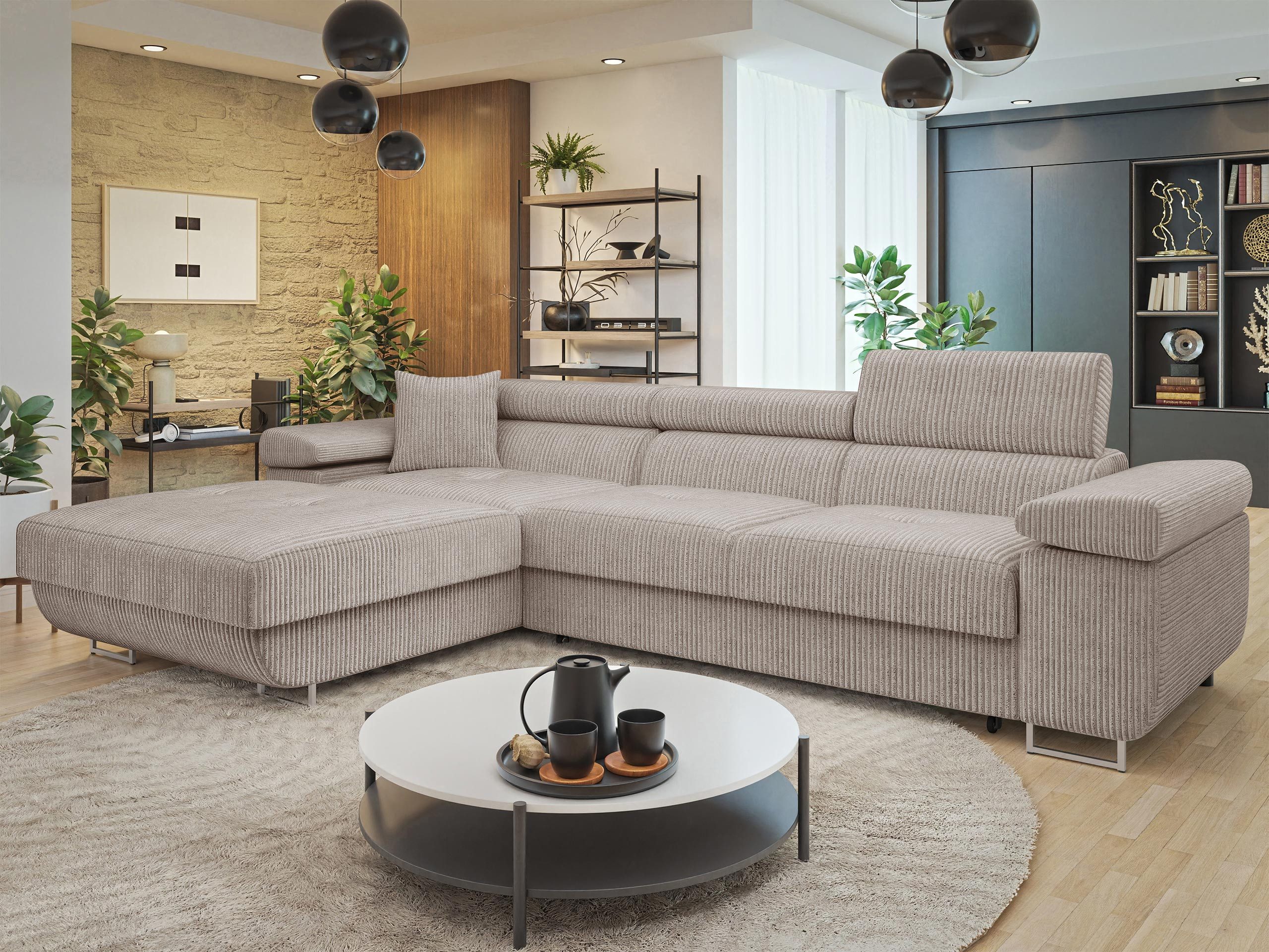 MIRJAN24 Ecksofa Torezio Mini Cord, mit Bettkasten und Schlaffunktion, Einstellbare Kopfstützen, 280x170x70-90 cm