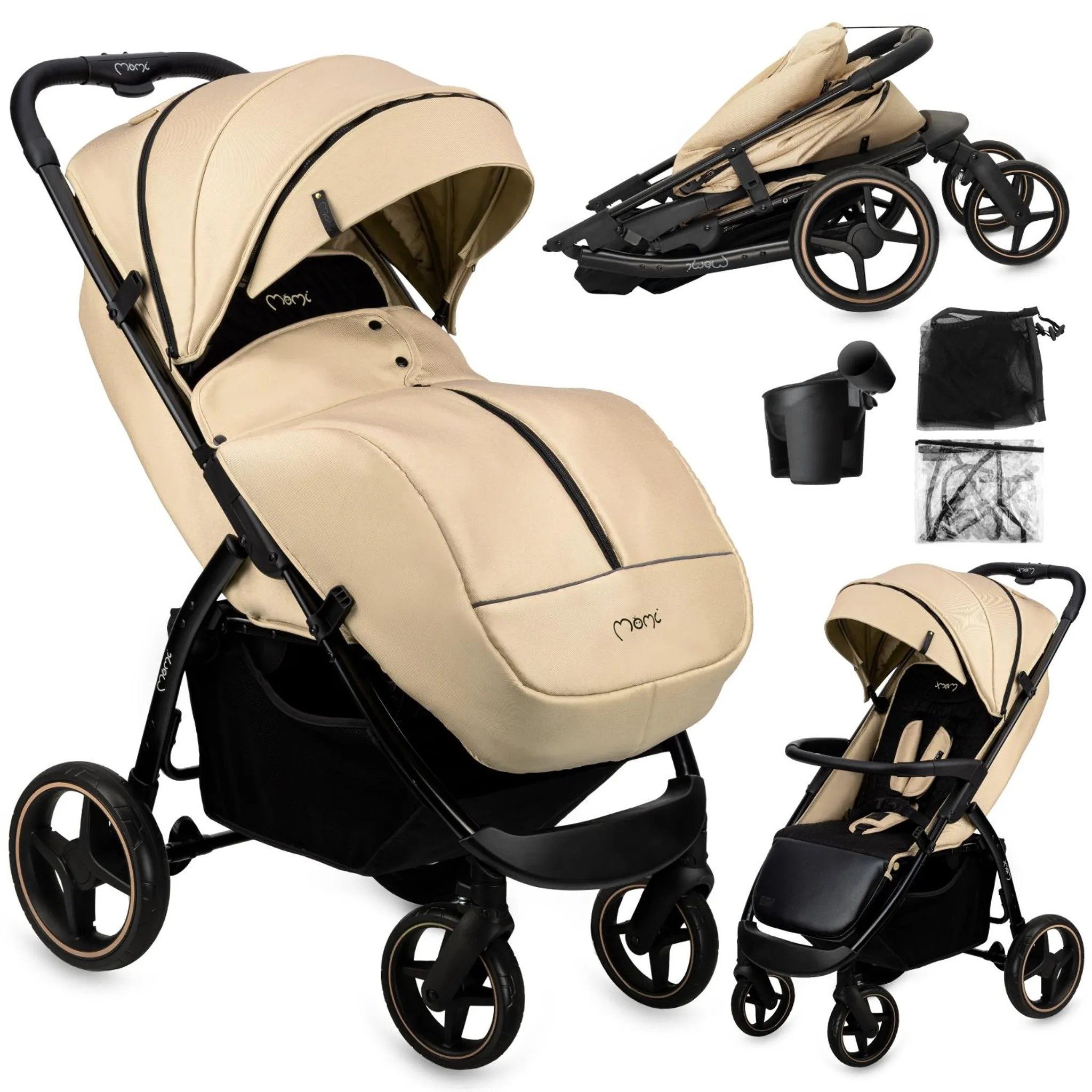 MoMi Kinder-Buggy MIYA EVA Buggy mit Einhand-Faltung, XL-Räder, Zubehör, Beige, Einhand-Faltmechanismus, doppelte Faltsicherung, 4-Rad-Federung