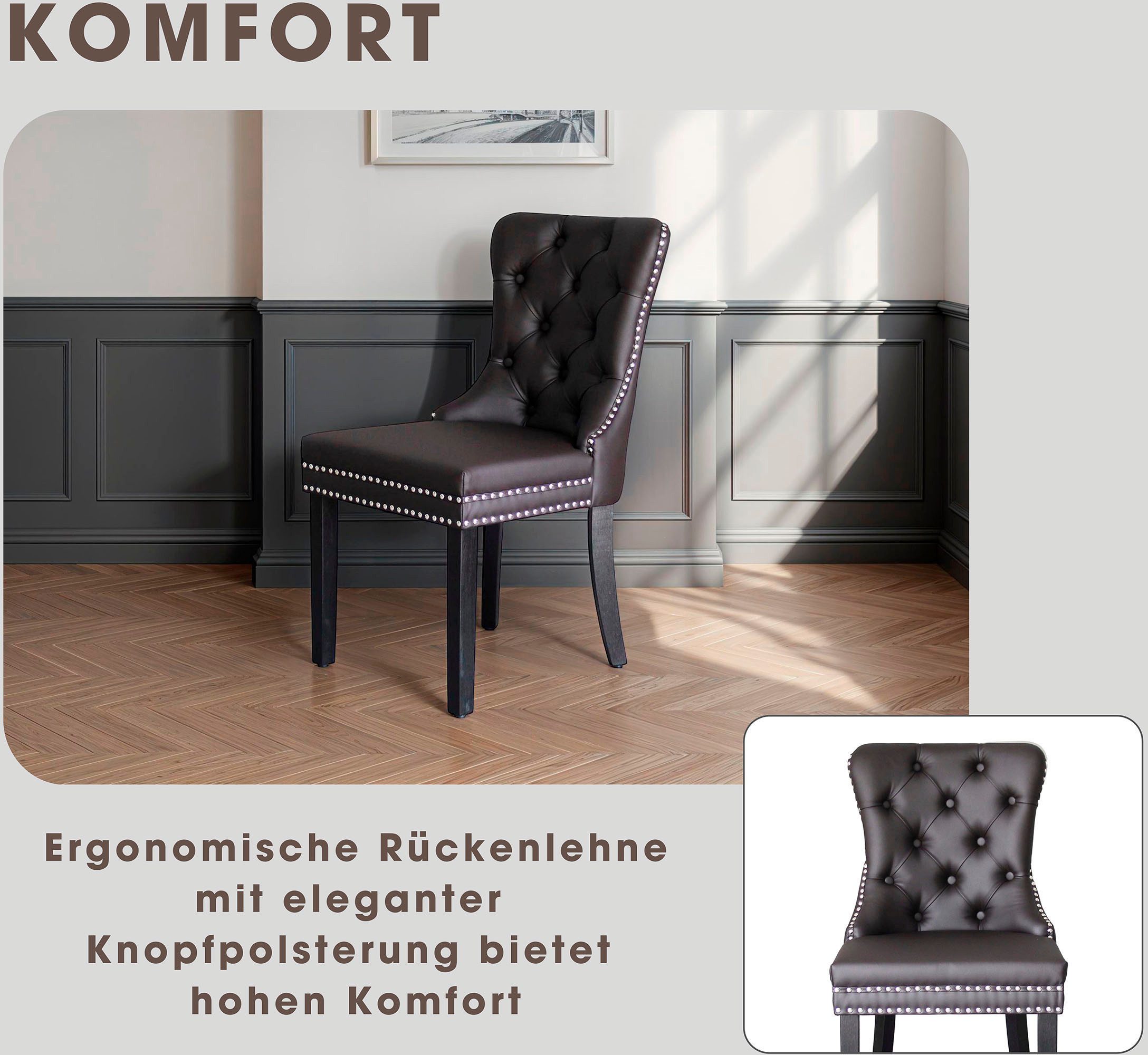 byLIVING Esszimmerstuhl Domino (Set, 2 St), mit Massivholz Gestell, Chestefield Steppung und Ringgriff im Rücken
