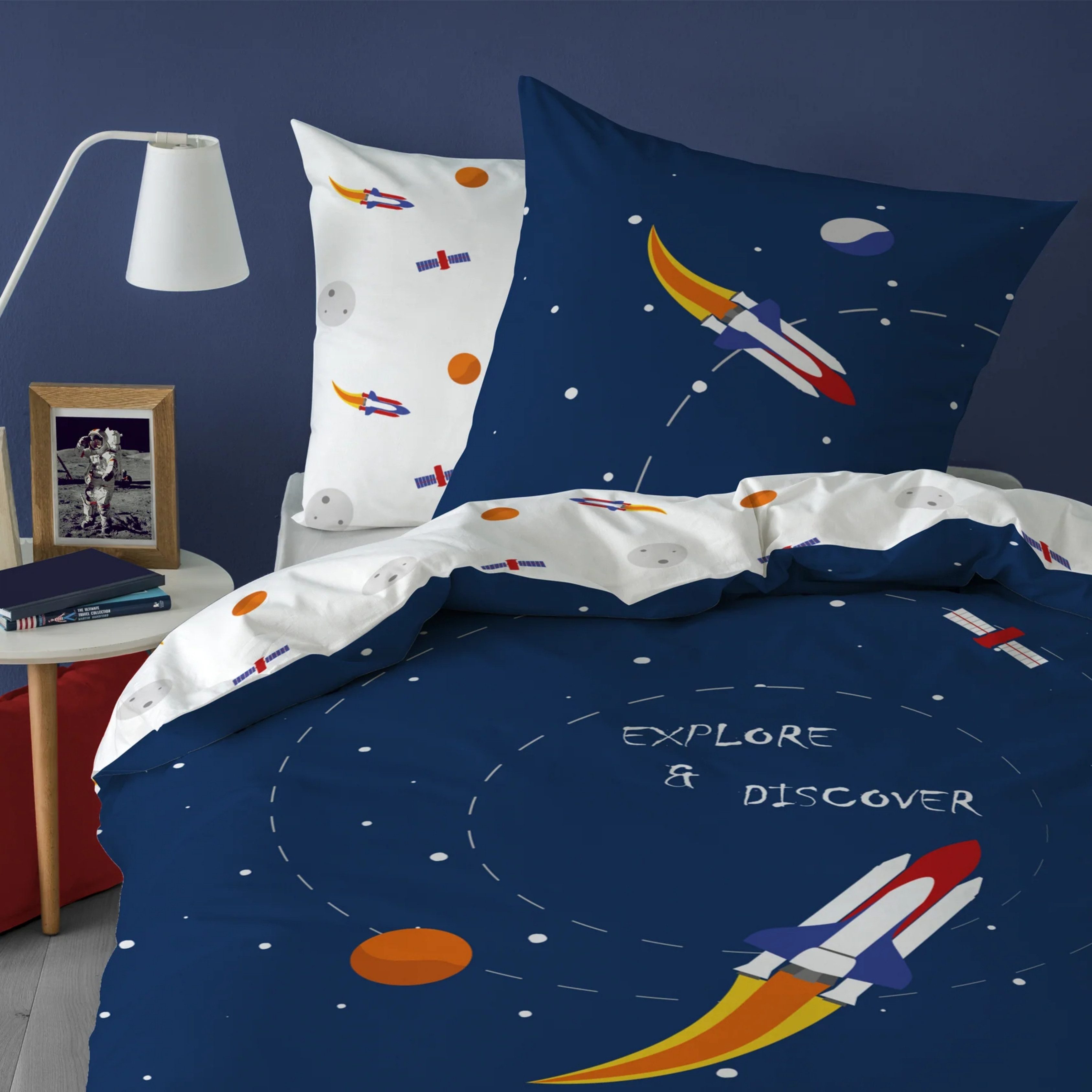 MTOnlinehandel Kinderbettwäsche Rakete Planeten Weltall 135x200 + 80x80 cm, günstig online kaufen