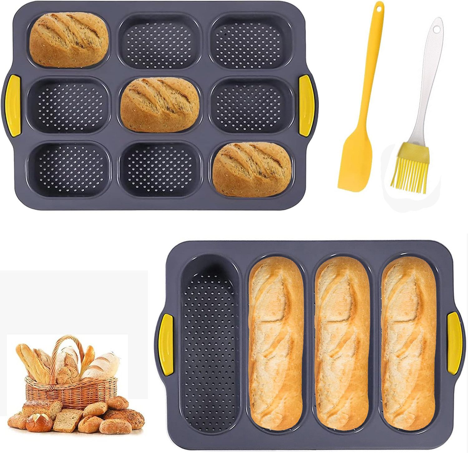 RWEUOQ Backform Backform Mini Baguette Backblech DIY kleine Brotbackform 4-tlg, (9-Gitter oval backform,4 Wellenschlitze Baguette Backblech,1 Silikonmesser und 1 Ölpinsel), Silikonform Laib Backform, for French-Bread mit knusprigen Krusten