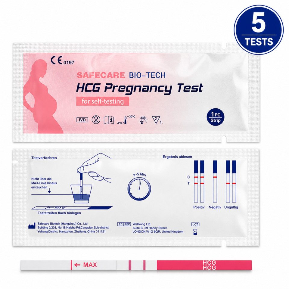 Safecare Bio-Tech Schwangerschaftstest Früh Schwangerschaftests SST - 99% Ergebnisse in 3-5 Minuten, Teststreifen, 5-tlg., Schnelles Ergebnis, einfache Handhabung, hohe Genauigkeit