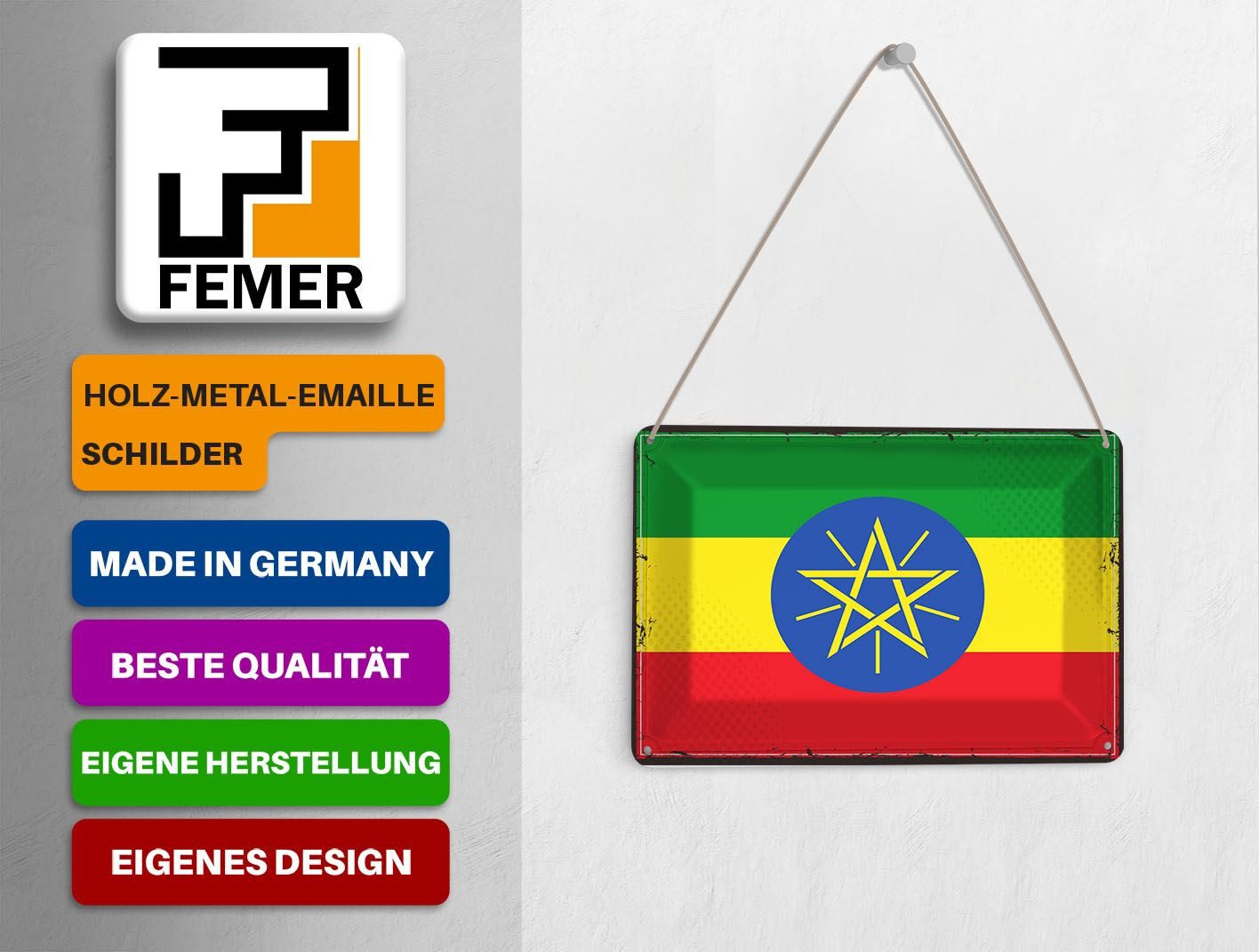 Femer GmbH Postkarte Flagge Äthiopiens 14x10 cm Retro Flag Ethiopia, unfrankiert