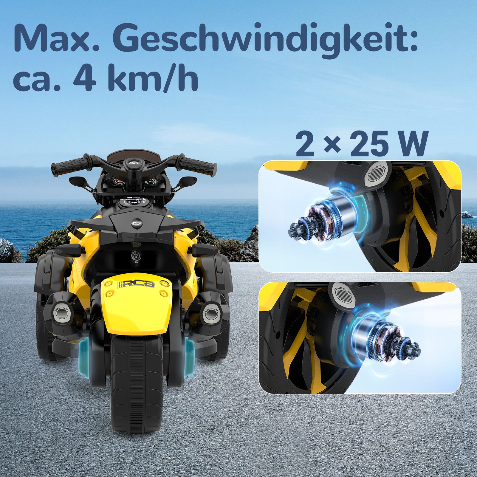 RCB Elektro-Kindermotorrad RM2, 7-Zoll Elektrisches Dreirad für Kinder,4 km/h,3–8 Jahre,Bluetooth, Belastbarkeit 30 kg, mit Front- und Rücklicht, bunte LED an Schutzblechen