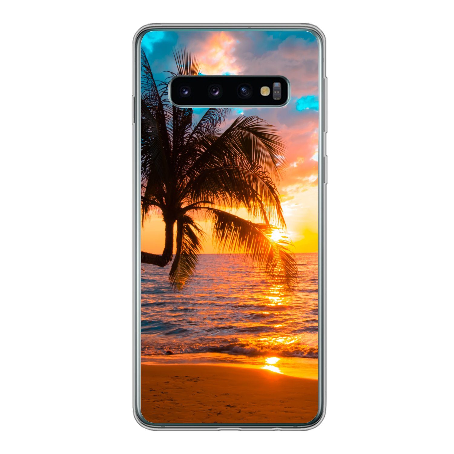 MuchoWow Handyhülle für Samsung Galaxy S10 Palme - Sonnenuntergang - Horizont - Strand - M, Phone Case, Silikon, Schutzhülle Dünn