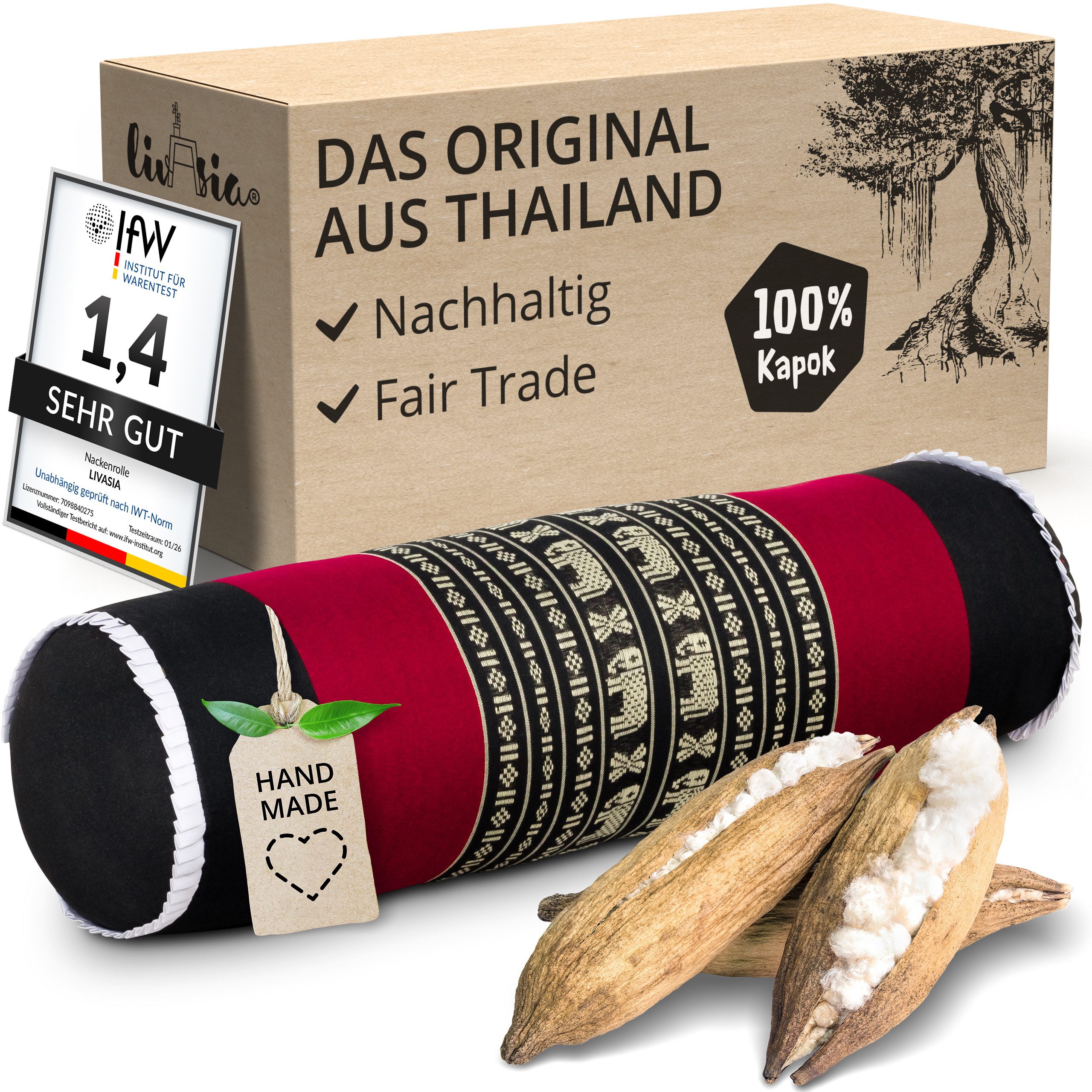 livasia Nackenrolle Nackenrolle, vegan und handgefertigt, Ø 17x56cm, Kapok