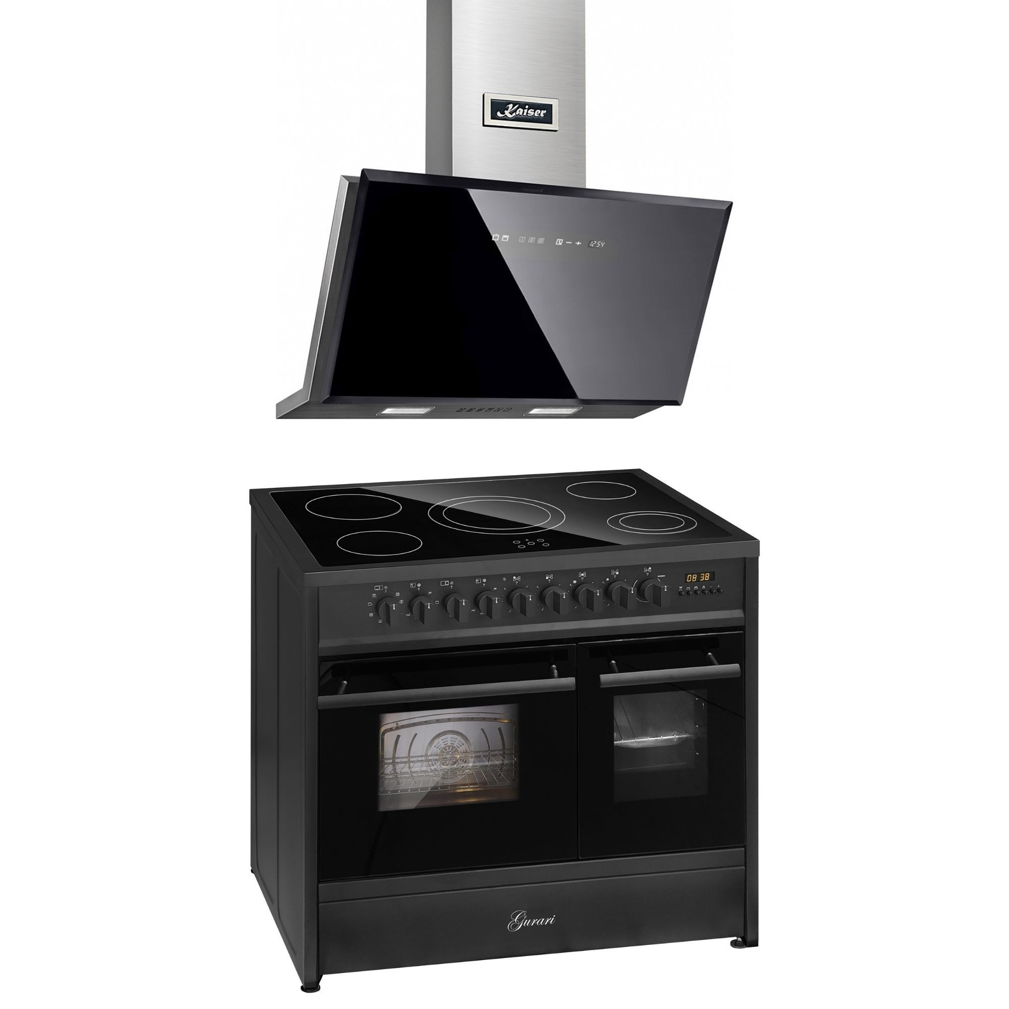 GURARI Elektro-Herd-Set Elektro Standherd 90 cm, Doppelbackofen, Schwarz, Range Coocker 90 cm+Luxus Dunstabzugshaube 90cm,TouchControl, Schwarz Glas,1250m³/h GCH E 912 DF BL+AT 9430 F ECO., mit 1-fach-Teleskopauszug, Elektro Standherd 90 cm+ Luxus Dunstabzugshaube 90cm