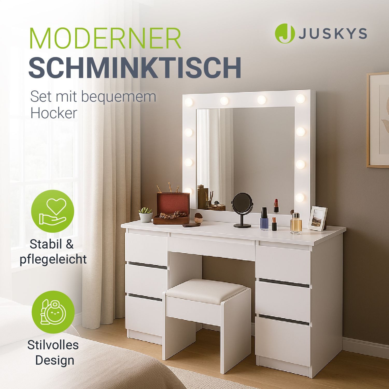 Juskys Schminktisch Talea (3-St), LED-Beleuchtung, 3 Helligkeitsstufen, mod günstig online kaufen
