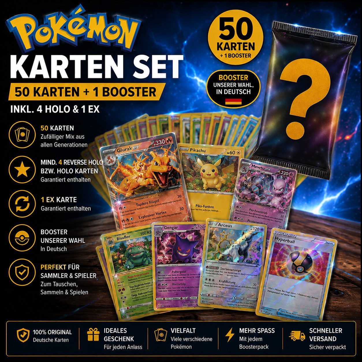 POKÉMON Sammelkarte Pokémon Karten Set Deutsch – 50 Karten + 1 Booster inkl. Holo & EX, 50 Pokémon Karten auf Deutsch