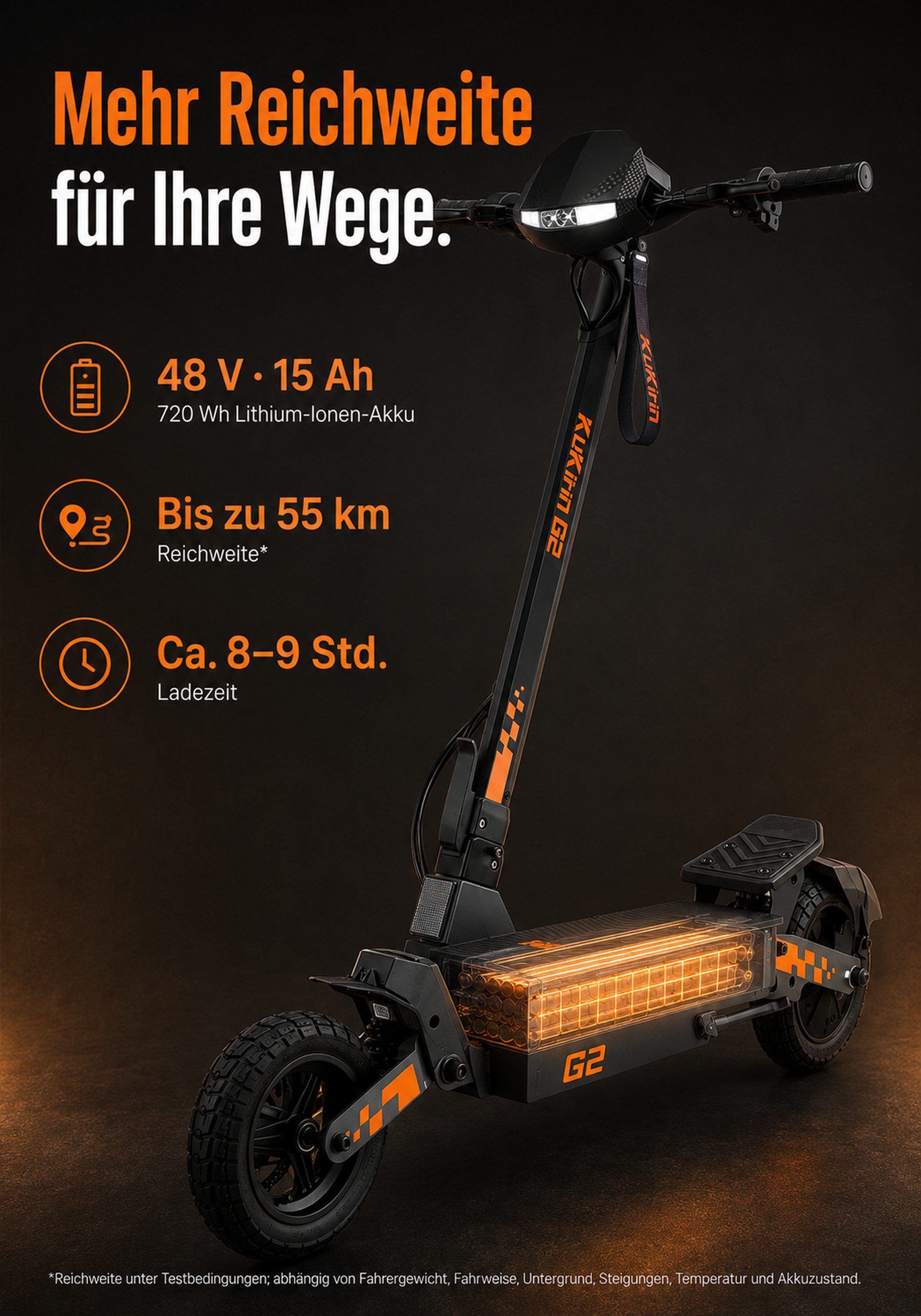 ZWHEEL E-Scooter KuKirin G2 E-Scooter 800W 48V 15.6Ah 55km 45km/h 10 Zoll klappbar, Federgabelung Dualfederung LED Display Scheibenbremse IPX4 Akku – Bild 5 von 5