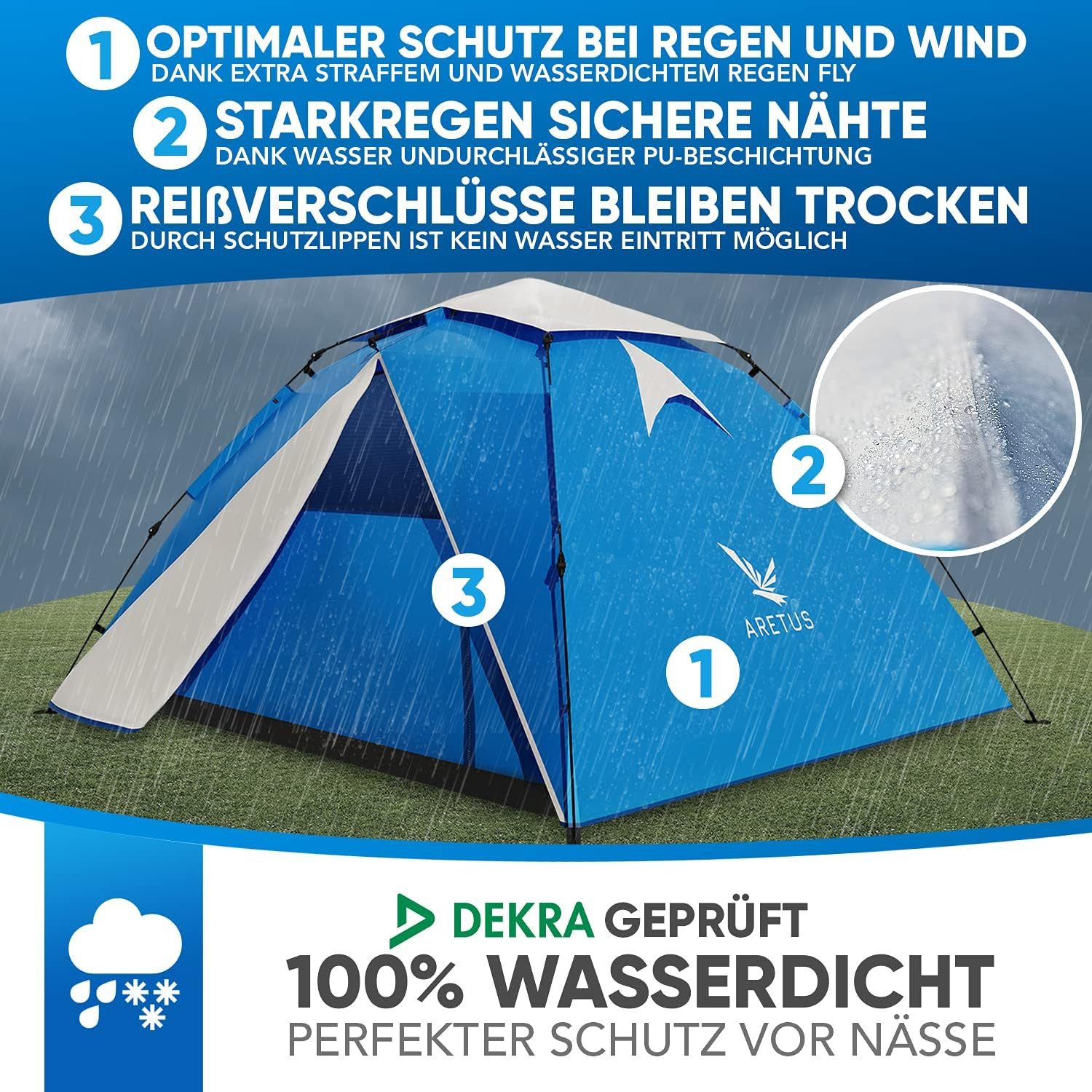 Aretus Wurfzelt Aretus - Wurfzelt 2 - 4 Personen AUF-ABBAU IN 45 SEKUNDEN -Extra Groß, Personen: 4 (Wasserdicht- Pop up Zelt, 3 Person automatik 3 personen mann)