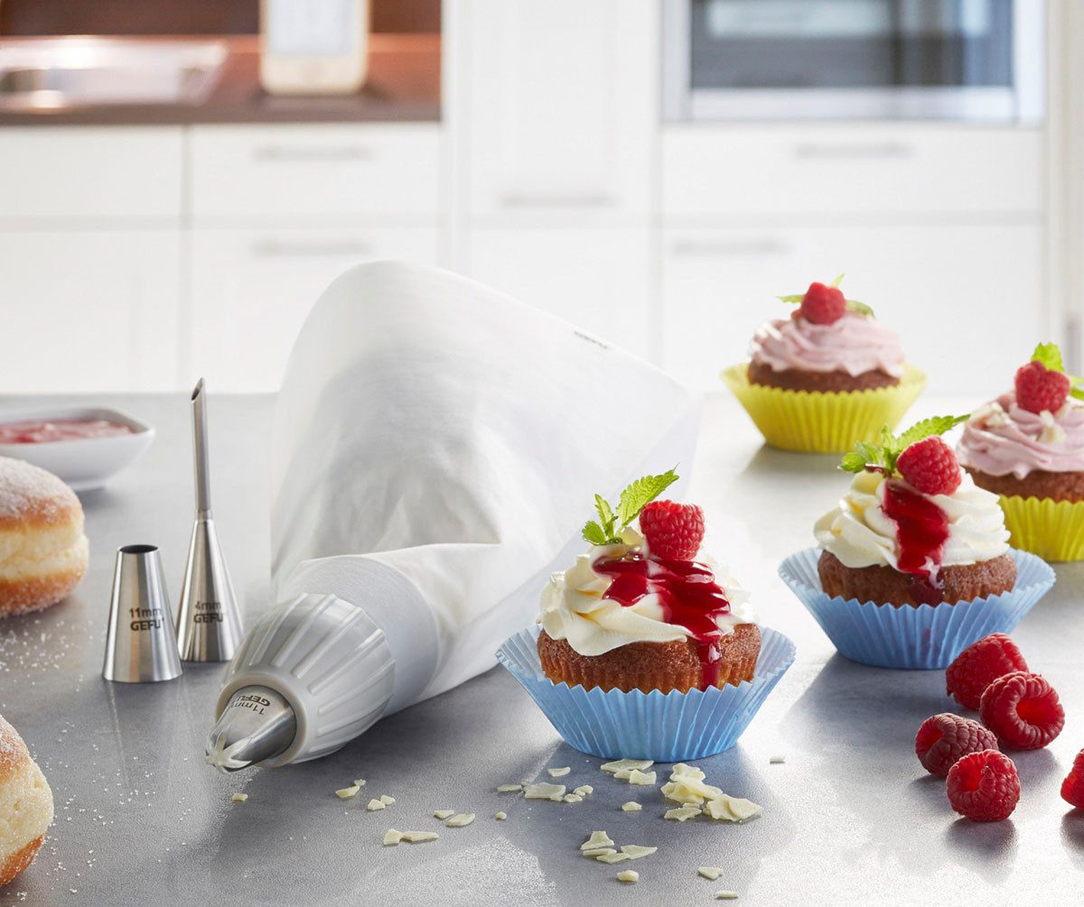GEFU Spritzbeutel DECORE SET (Set, 5-tlg., Spritzbeutel, Adapter, 3 Tüllen) verzieren von Kuchen