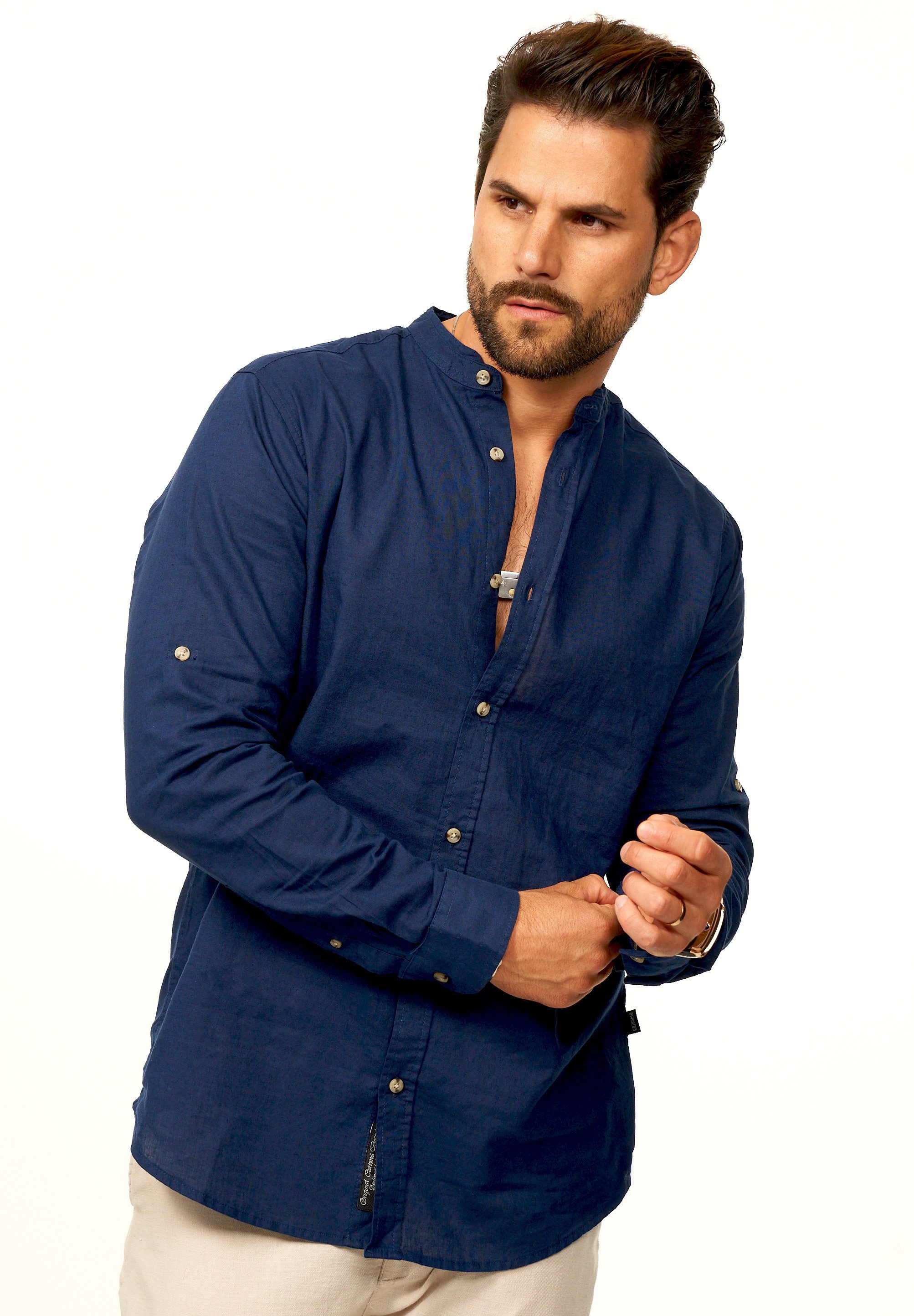 behype Langarmhemd aus Leinen im Regular-Fit Sommerhemd Herren Leinenhemd Freizeithemd mit Stehkragen & Krempelfunktion