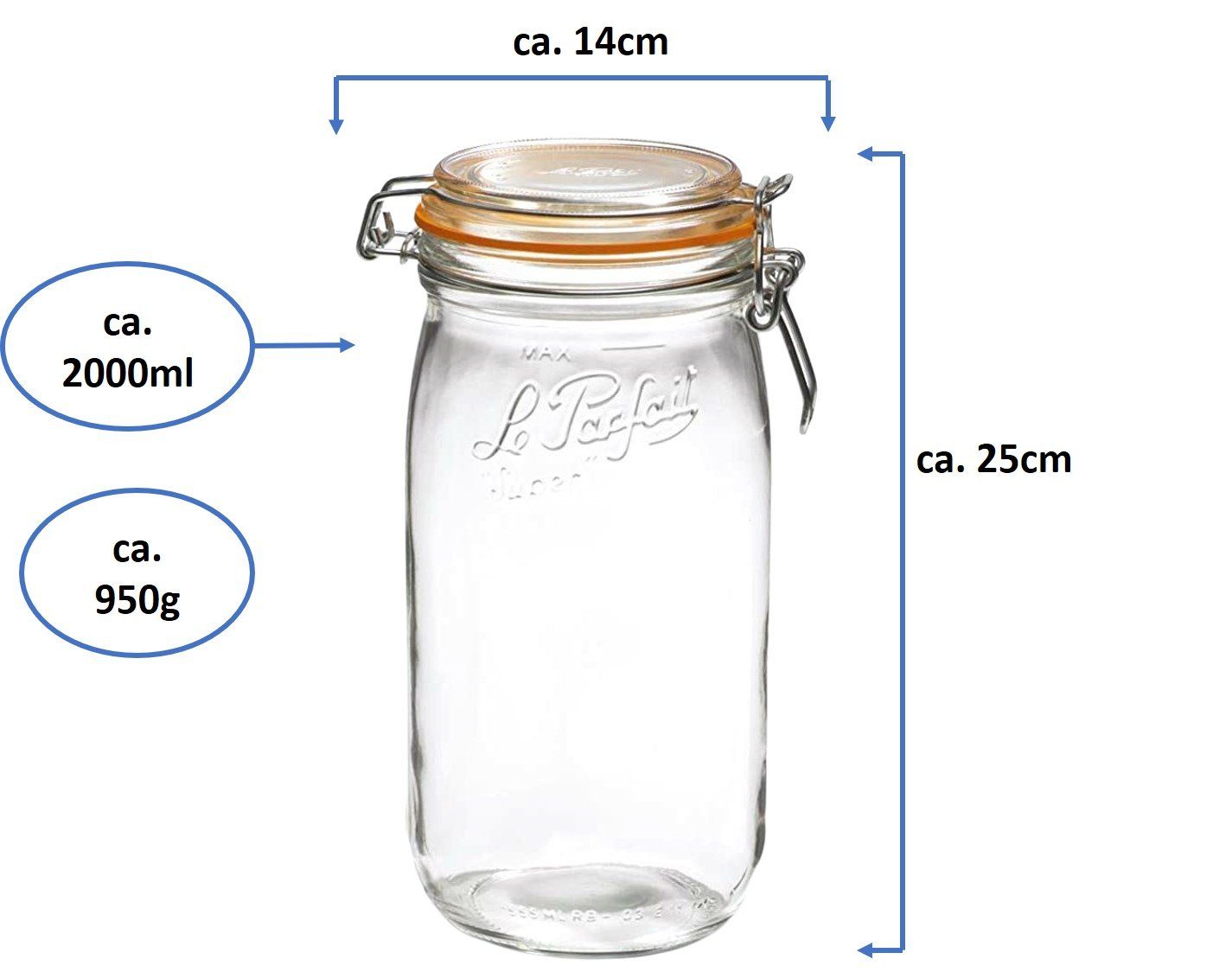 Emilja Le Parfait Einmachglas Bügelverschlussglas 4 Stück Einmachglas - 2000ml Super