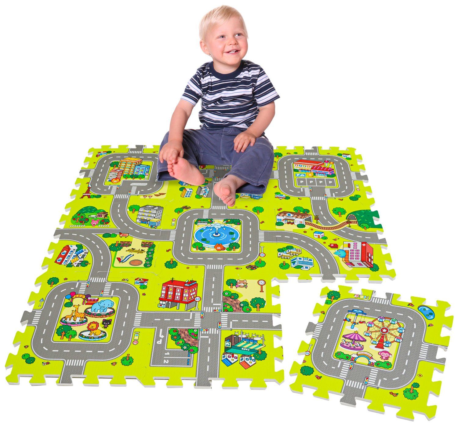 LittleTom Puzzlematte 9 Teile Puzzlematte Straße für Kinder Spielstraße, 30x30cm Puzzle Spielteppich