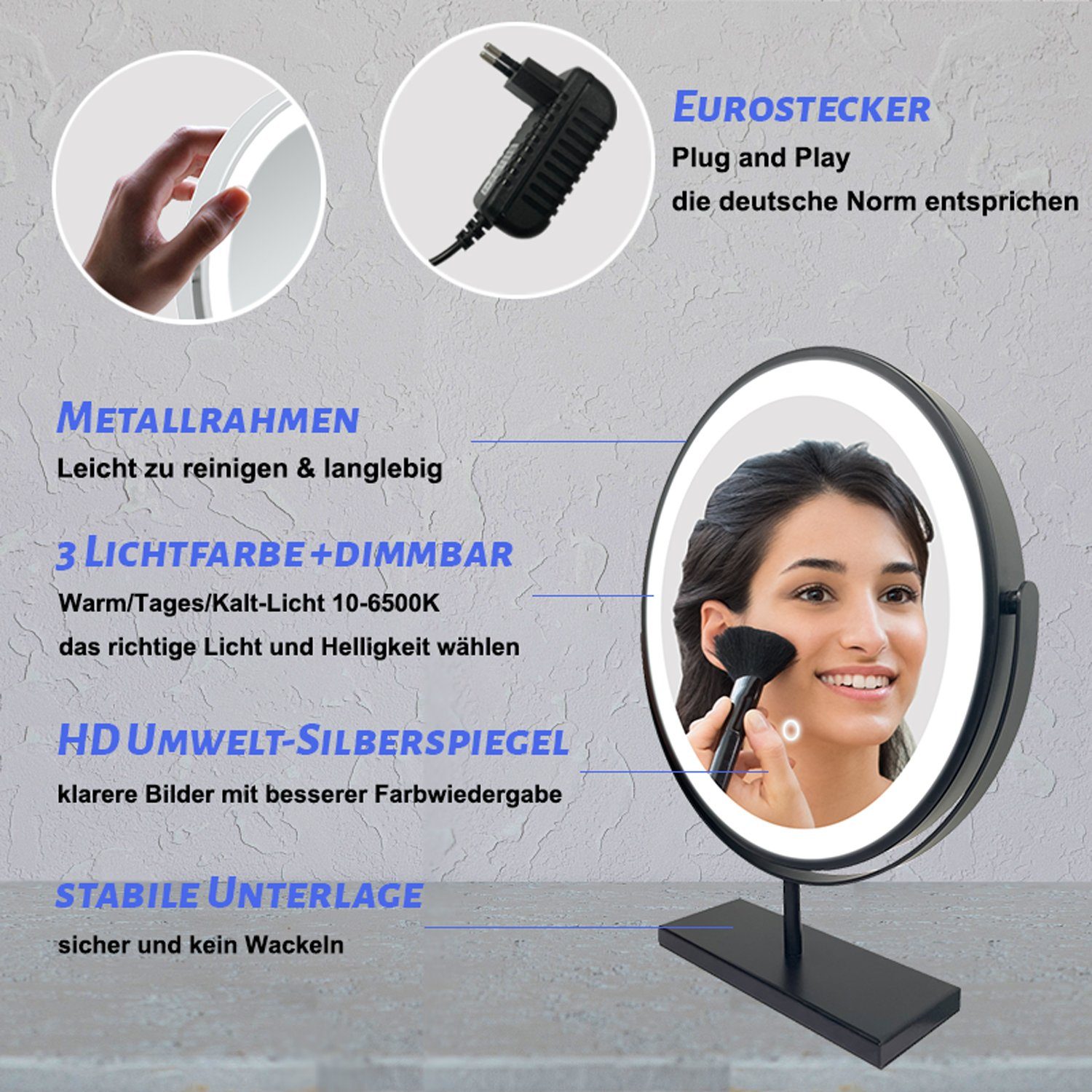 duschspa Kosmetikspiegel Schminkspiegel LED Kosmetikspiegel mit Beleuchtung Tischspiegel, mit Touch, 3 Lichtfarben Dimmbar, Memory-Helligkeit, 360° Drehbar