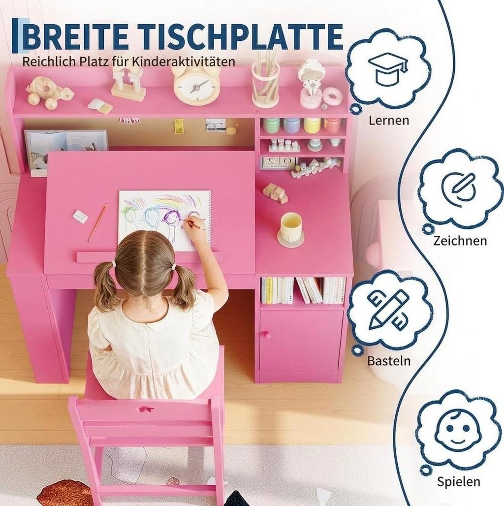 GarveeMore Kinderschreibtisch -Set mit Stuhl und Stauraum,Aufsatz,neigbarer Rückenlehne, Holztisch mit Aufbewahrungsschrank für Kinder von 3-8 Jahren