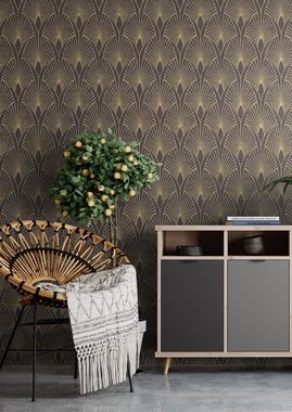 Newroom Vliestapete, Schwarz Tapete Pfauenfeder Modern - Mustertapete Retro Gold Blätter Grafisch für Schlafzimmer Wohnzimmer Küche