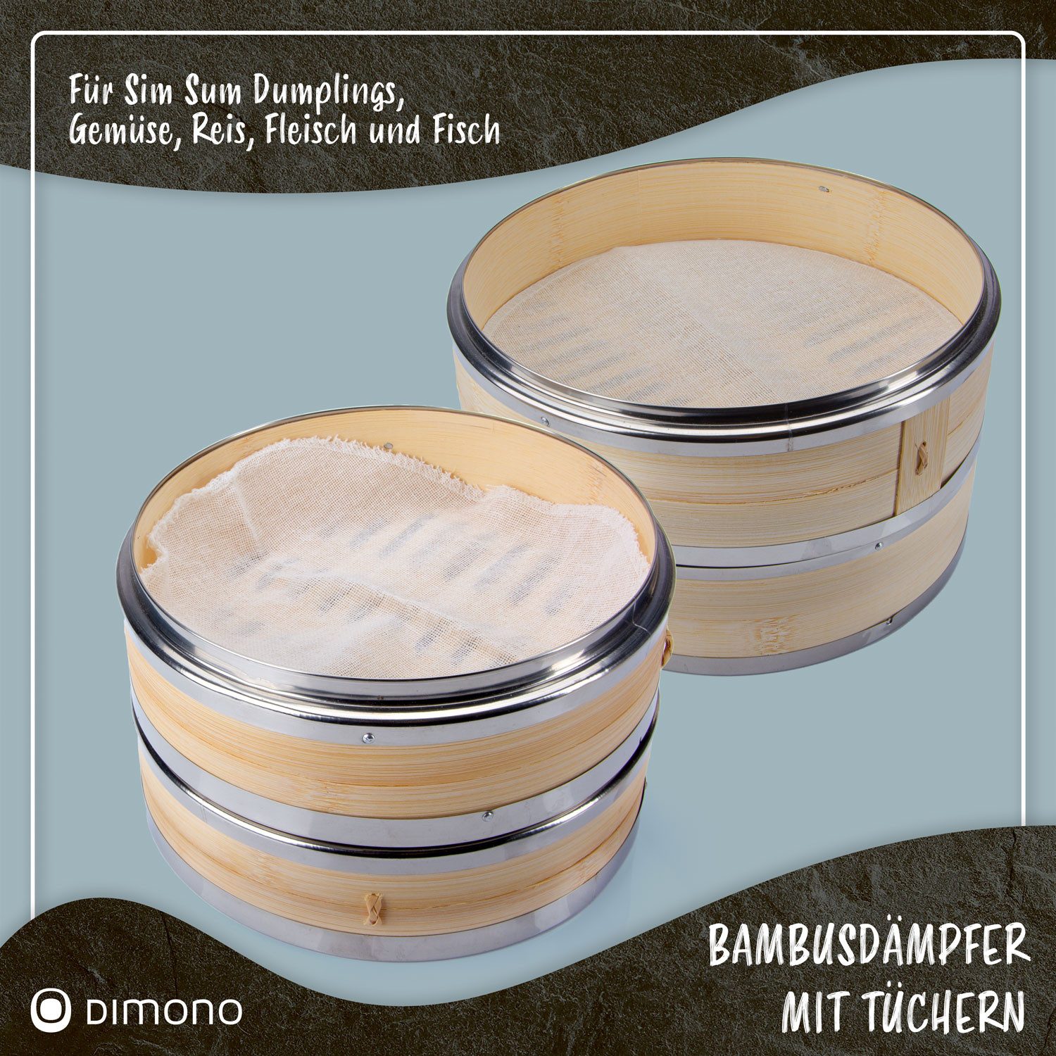 Dimono Dampfgaraufsatz Bambus-Dämpfer mit Deckel, 2-Etagen Reiskocher Bambusgarer