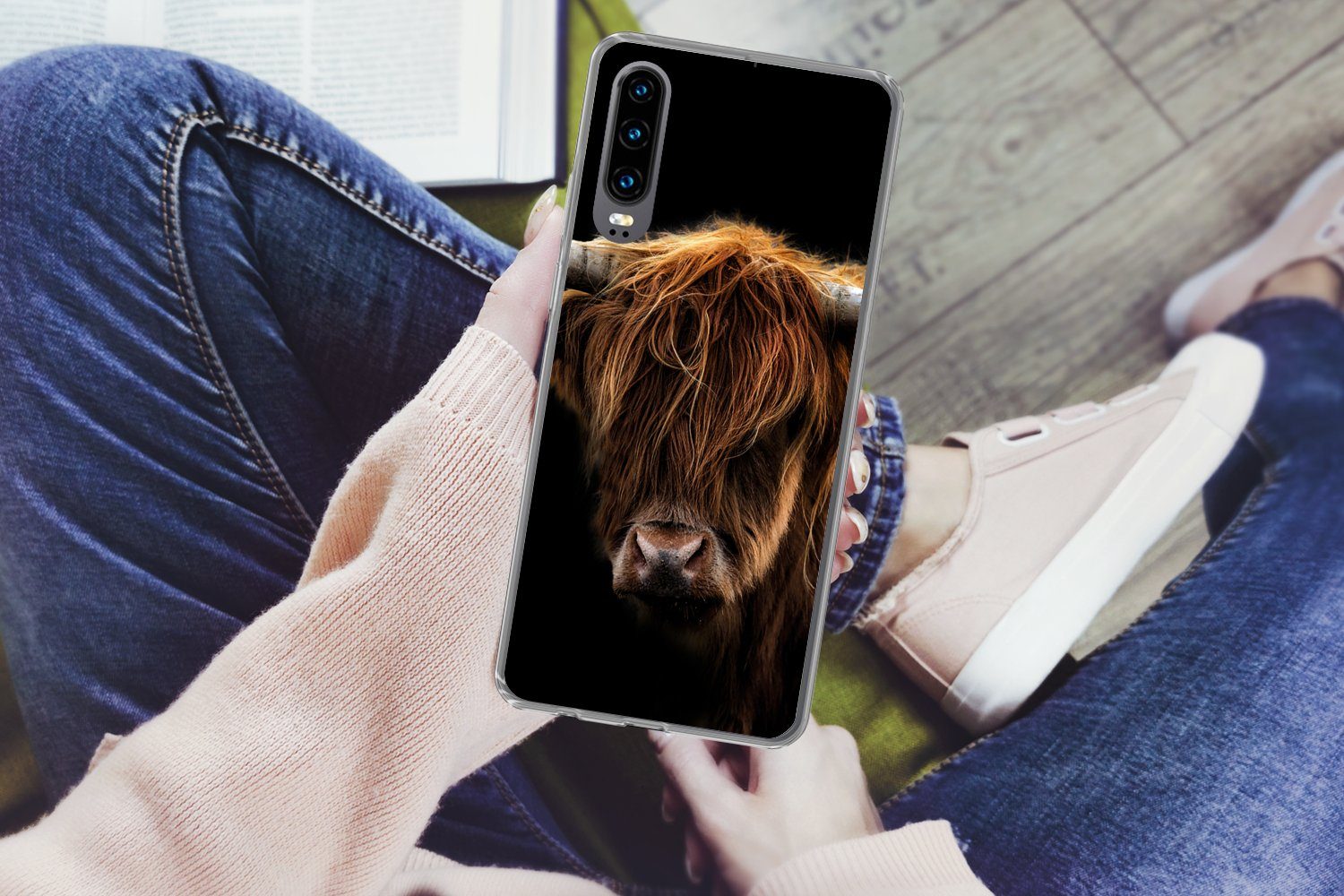 MuchoWow Handyhülle für Huawei P30 Schottischer Highlander - Hörner - Schwarz - Tiere - Na, Handy Case, Silikon, Bumper Case Dünn