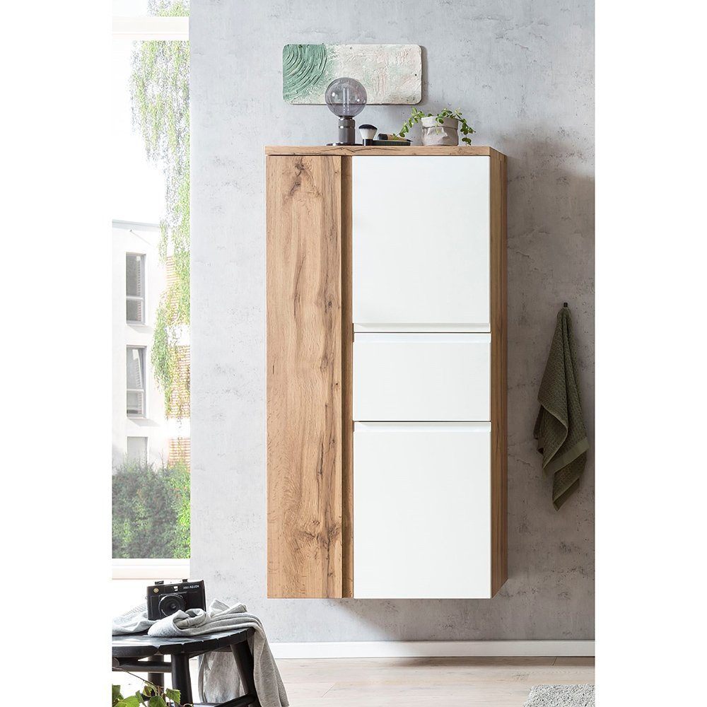 Lomadox Midischrank VASTO-03-WHITE Wotan Eiche Nb. mit weiß matt 40/130/35 cm