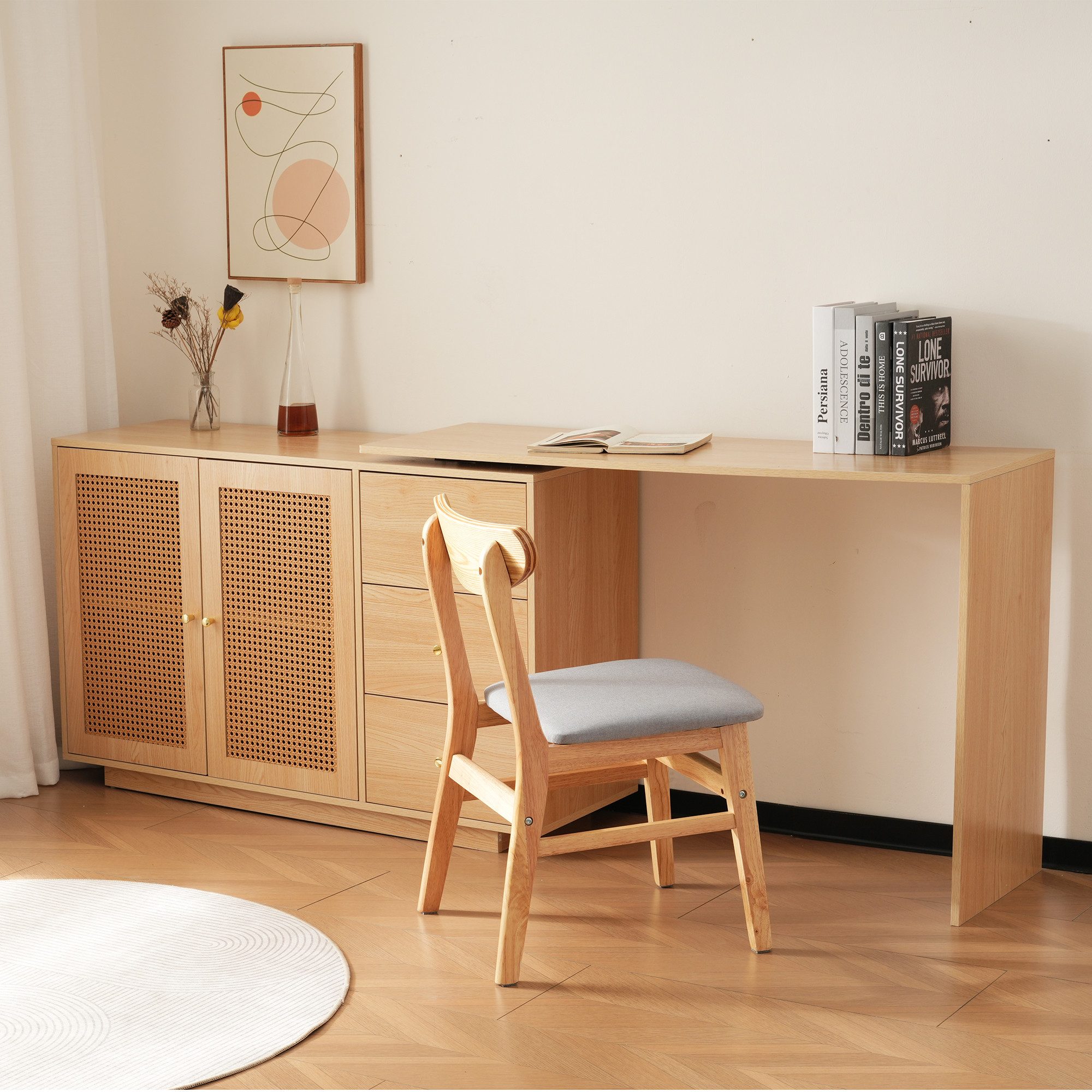 REDOM Schreibtisch Schreibtisch,mit 360° Schwenkfunktion (L-förmiger Schreibtisch mit 360° Schwenkfunktion und Rattan-Türen, Arbeitszimmer, Frisiertisch, Stauraum mit verstellbaren Einlegeböden, Platzsparend, 126 x 60 x 75 cm)