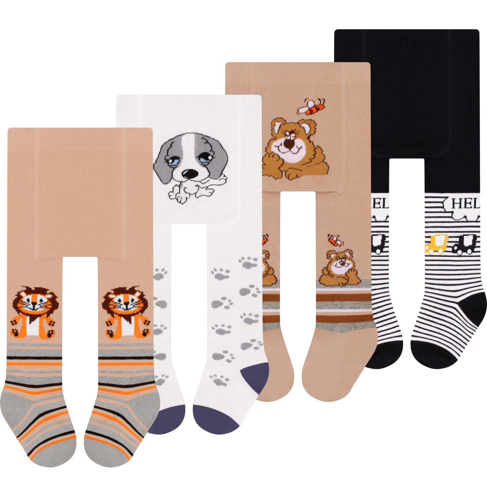 L&K-II Strumpfhose 2760 (4er-Pack) Babystrumpfhose für Baby Jungen mit Hund Löwen Affen Bären Motiv