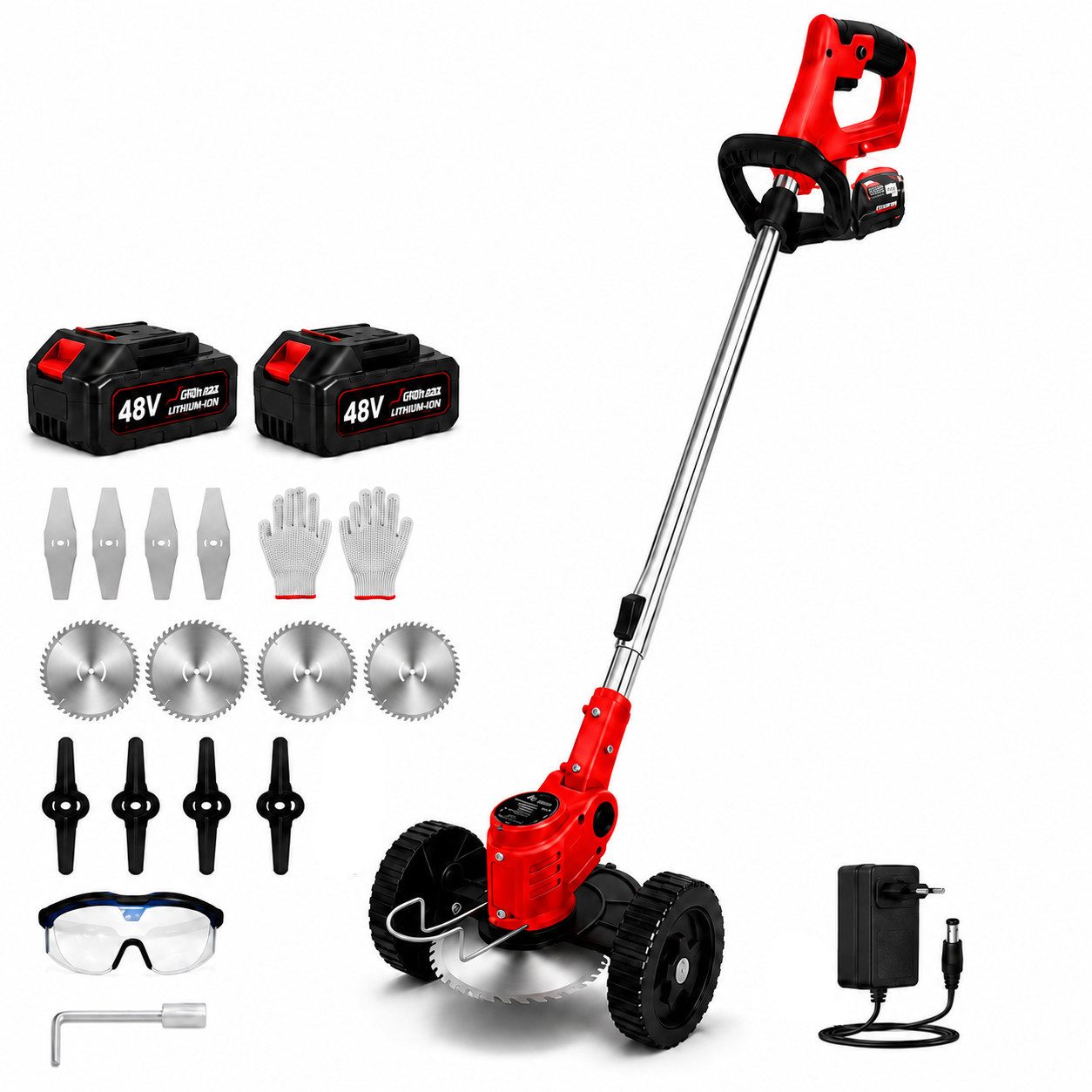 Fyrove Akku-Rasentrimmer 48V Freischneider mit Doppelrad, 17000 U/min, 2 Akkus 6000mAh, 35 cm Arbeitsbreite Faden, (Komplettset, Komplettes Akku Rasentrimmer Set mit mehreren Schneidaufsätzen), Kabelloser Gartentrimmer mit Metallmesser, Teleskopstange