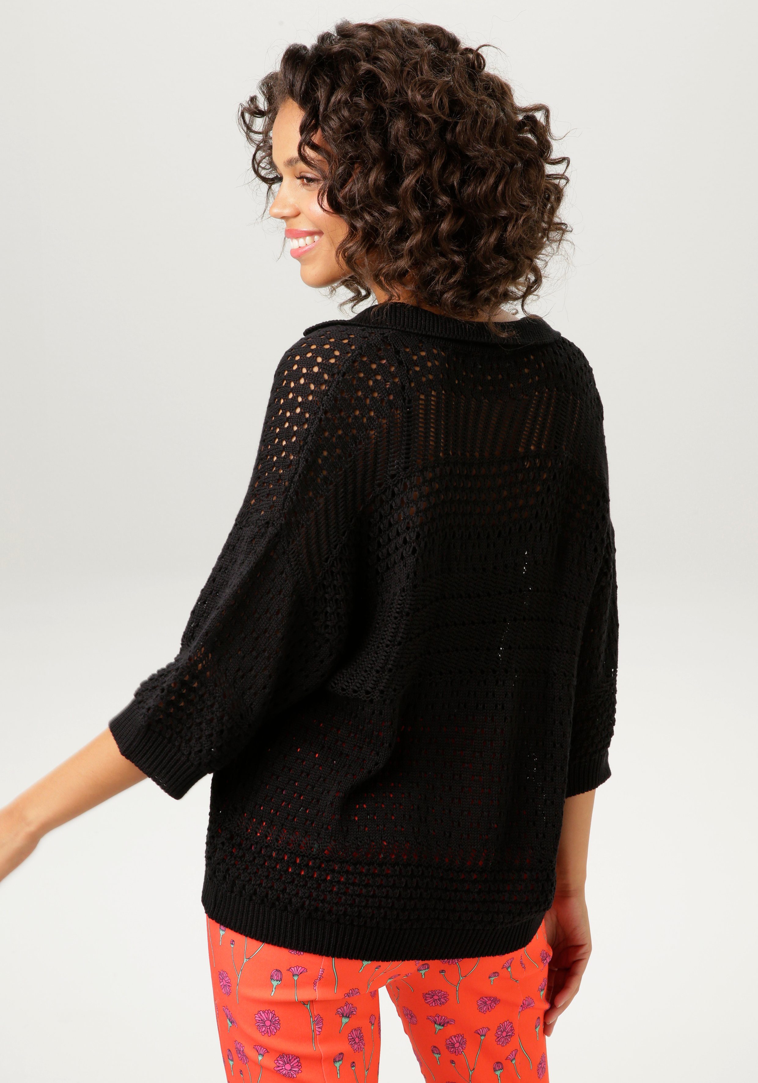 Aniston CASUAL Strickpullover im - schwarz trendigem NEUE KOLLEKTION Ajour-Mustermix