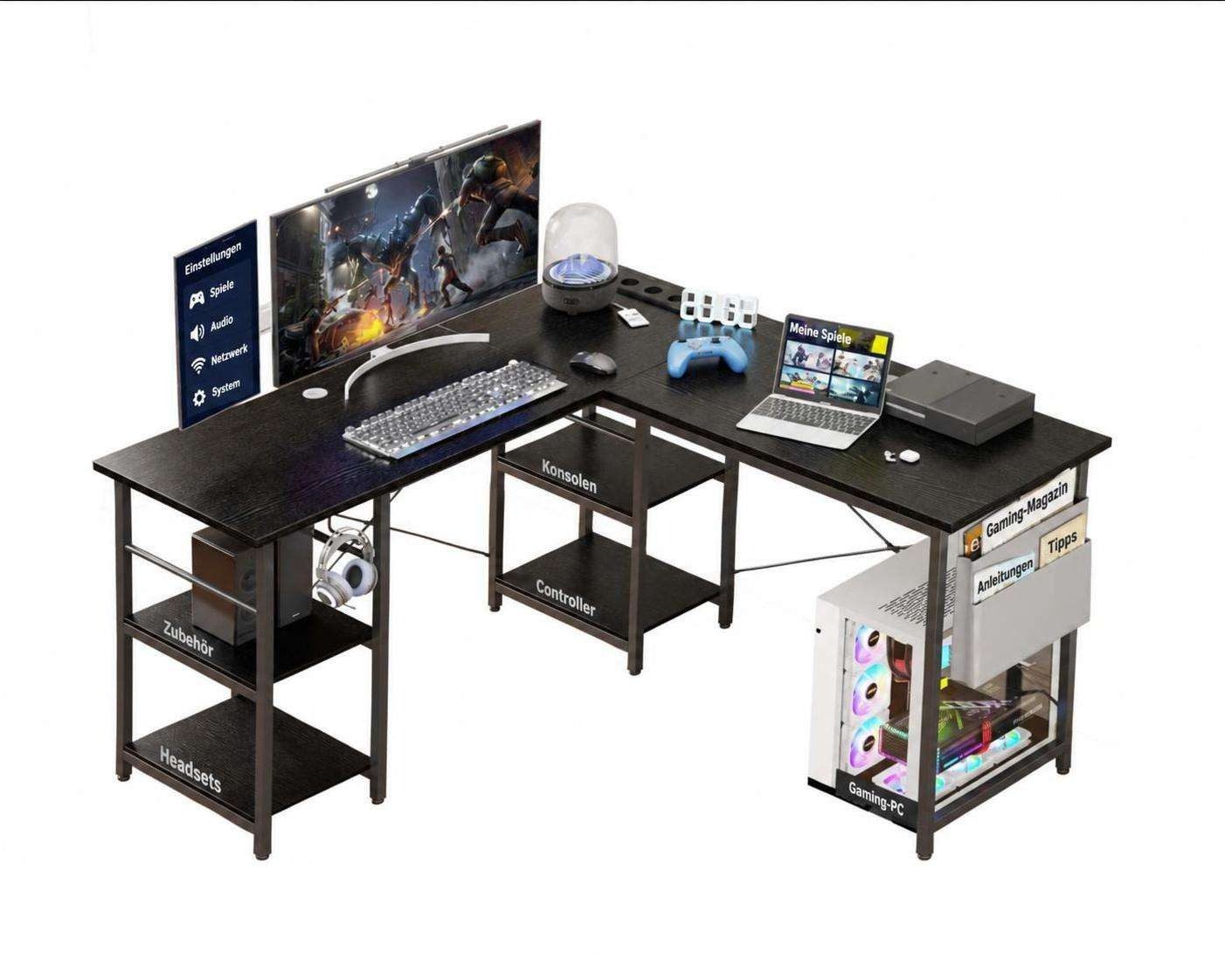 Aiorber Computertisch Aiorbe-Schwarzer Gaming Tisch L-Form mit LED und Ablage