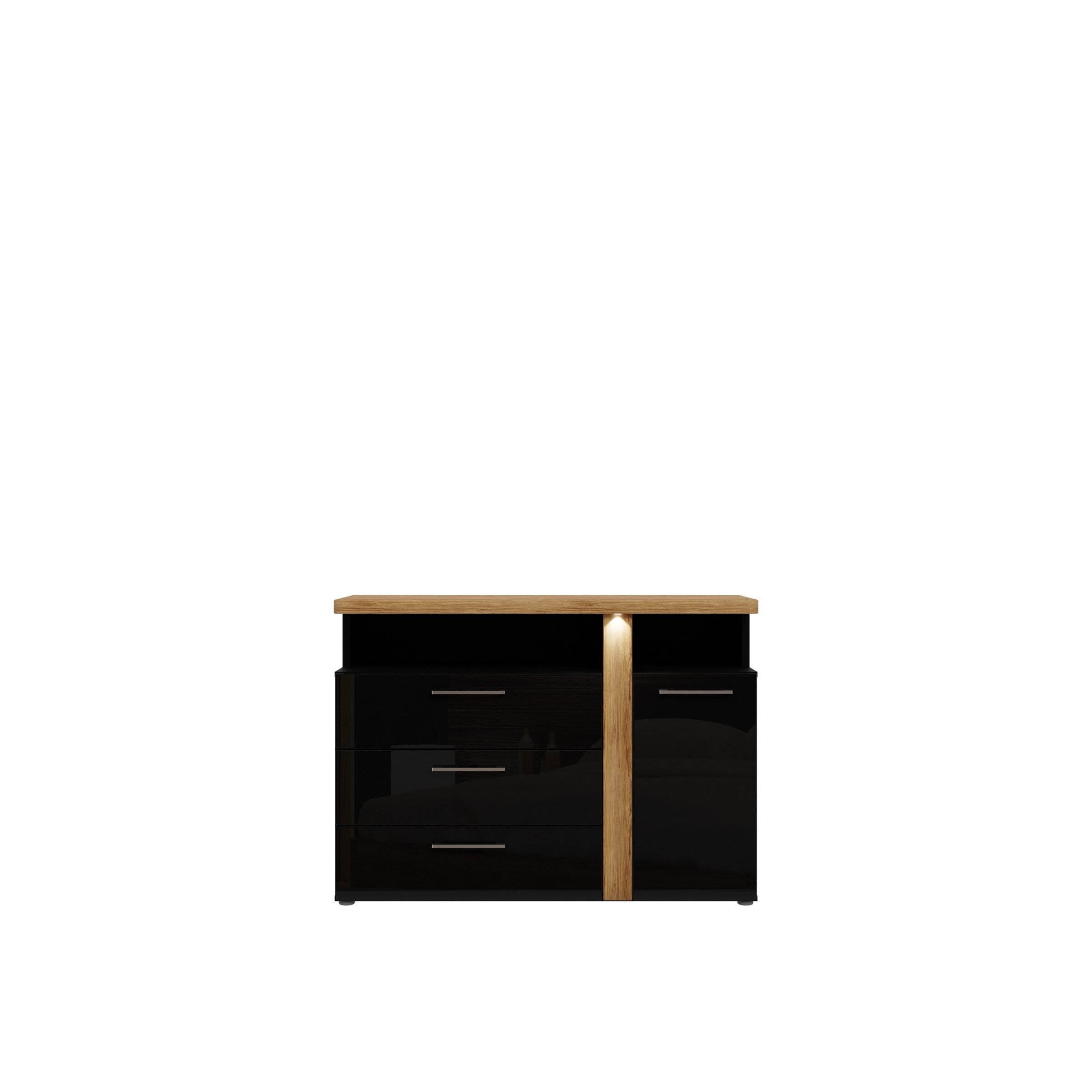 PREISBRECHER Sideboard TULUZA BLACK, LED, Catania Eiche Dekor/Schwarz Hochglanz - 118,5x85,9x43,4cm (BxHxT)