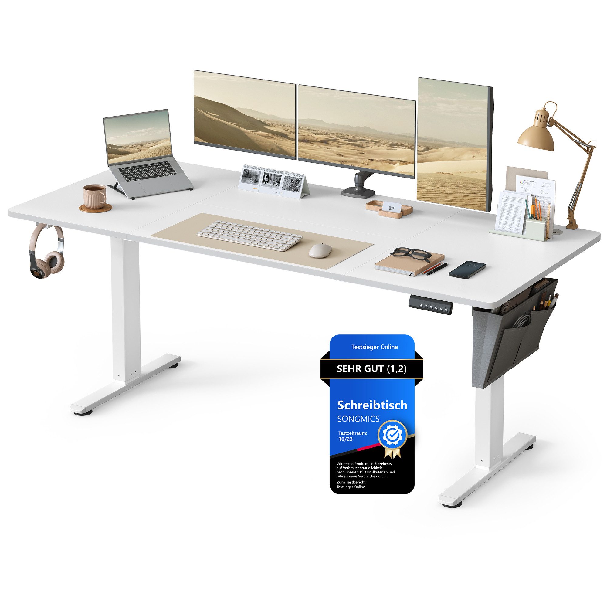 SONGMICS Schreibtisch Höhenverstellbarer elektrisch, 120/140/160/180 cm, Memory-Funktion für 4 Höhen, mit Stoff-Organizer