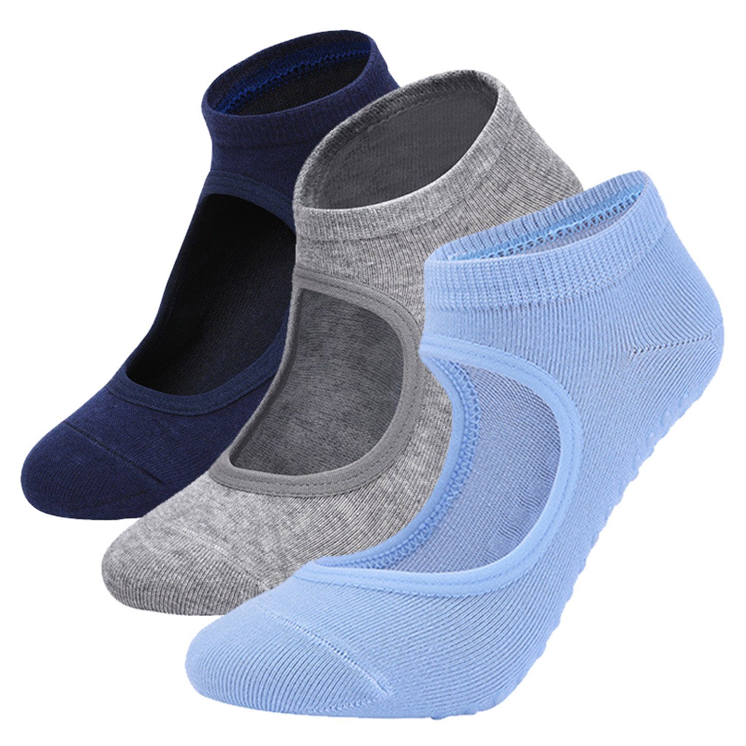 Daisred Sneakersocken Yoga Socken Rutschfeste für Damen, 3 Paare Pilates Sock Marineblau+Hellgrau+Blau