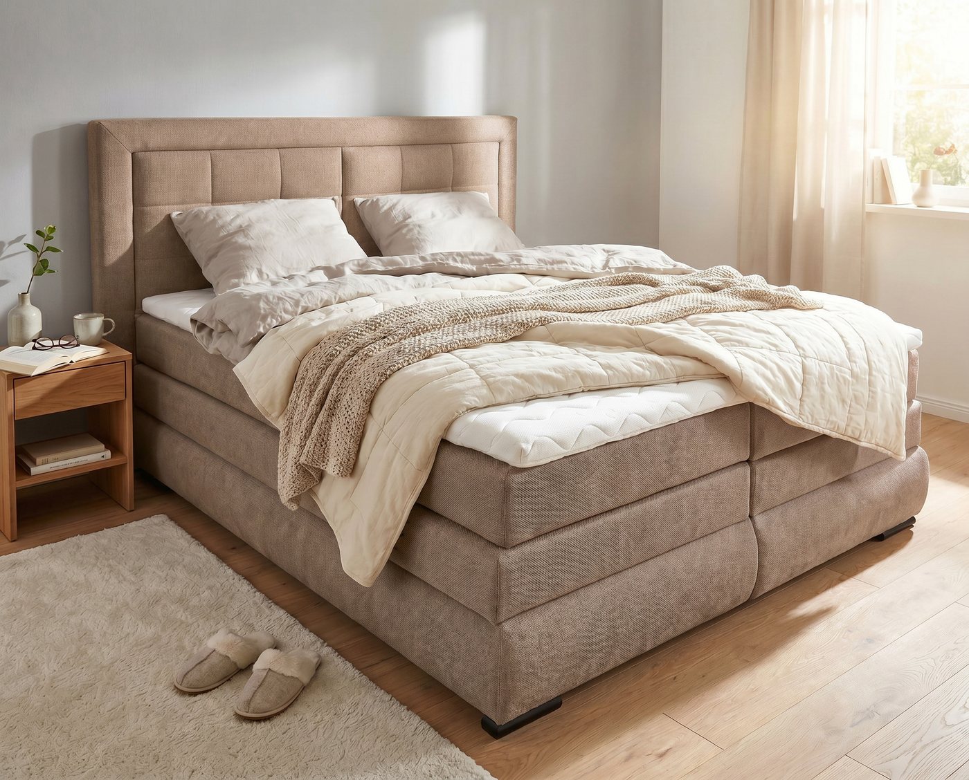 OTTO home Boxspringbett MIVVA mit Bettkasten, mit Taschenfederkernmatratze H3, H3/H4 mix, H4 (mit hochwertigem Strukturstoff, wahlweise mit …