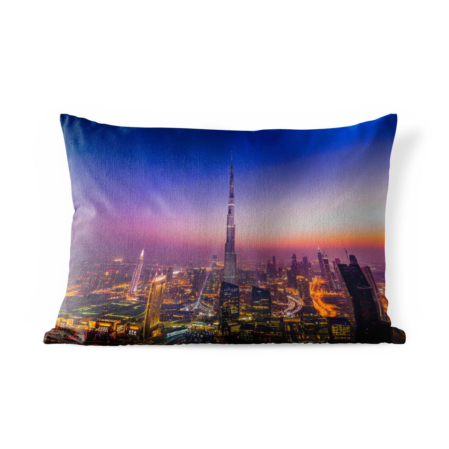 MuchoWow Dekokissen Bunter Himmel über dem Burj Khalifa-Wolkenkratzer und Dubai, Outdoor-Dekorationskissen, Polyester, Dekokissenbezug, Kissenhülle