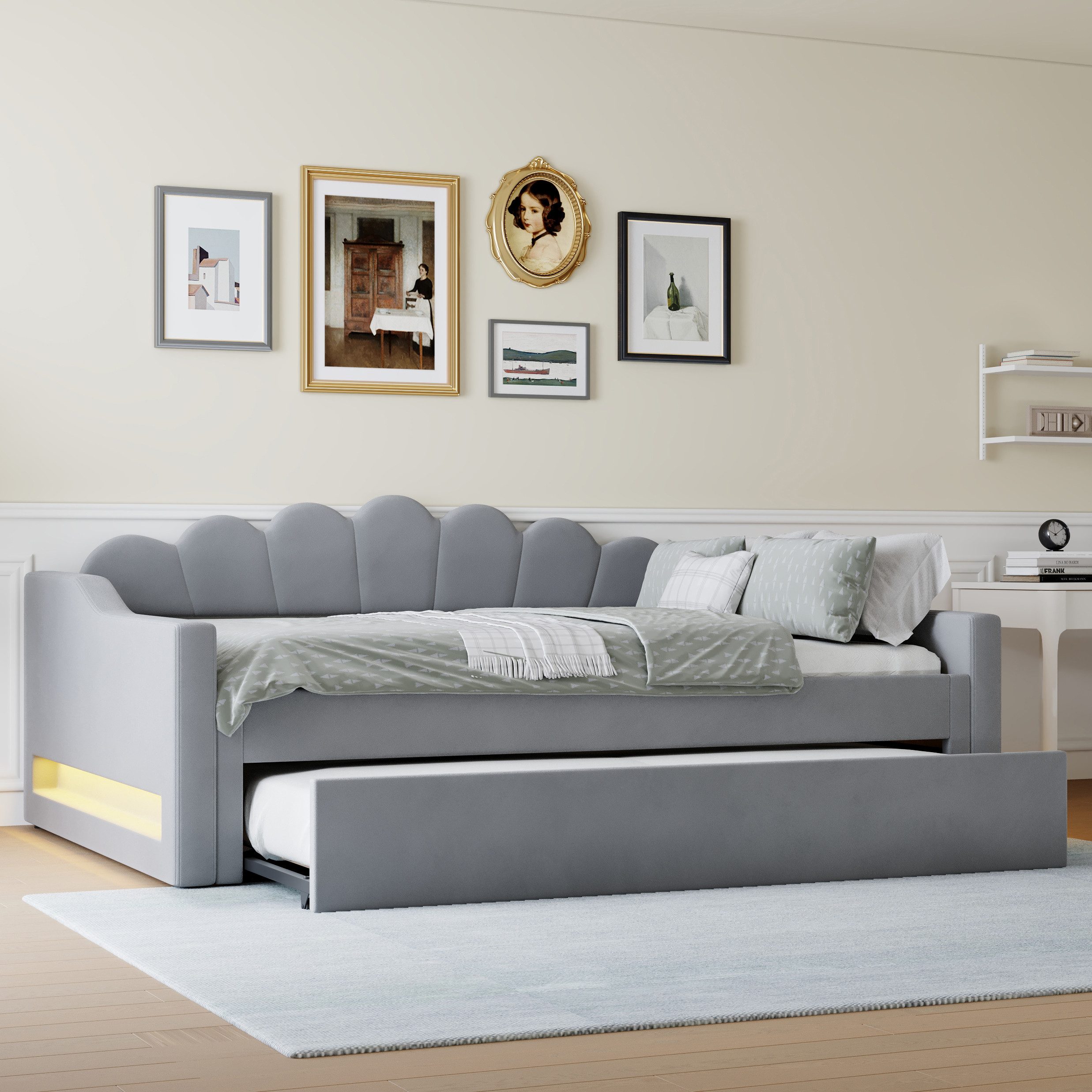 Merax Daybett mit LED- Beleuchtung & blütenförmigem Kopfteil (Kinderbett Polsterbett Jugendbett, 1 tlg), Schlafsofa Tagesbett 140x200cm mit Ausziehbett 90x190cm, Samt