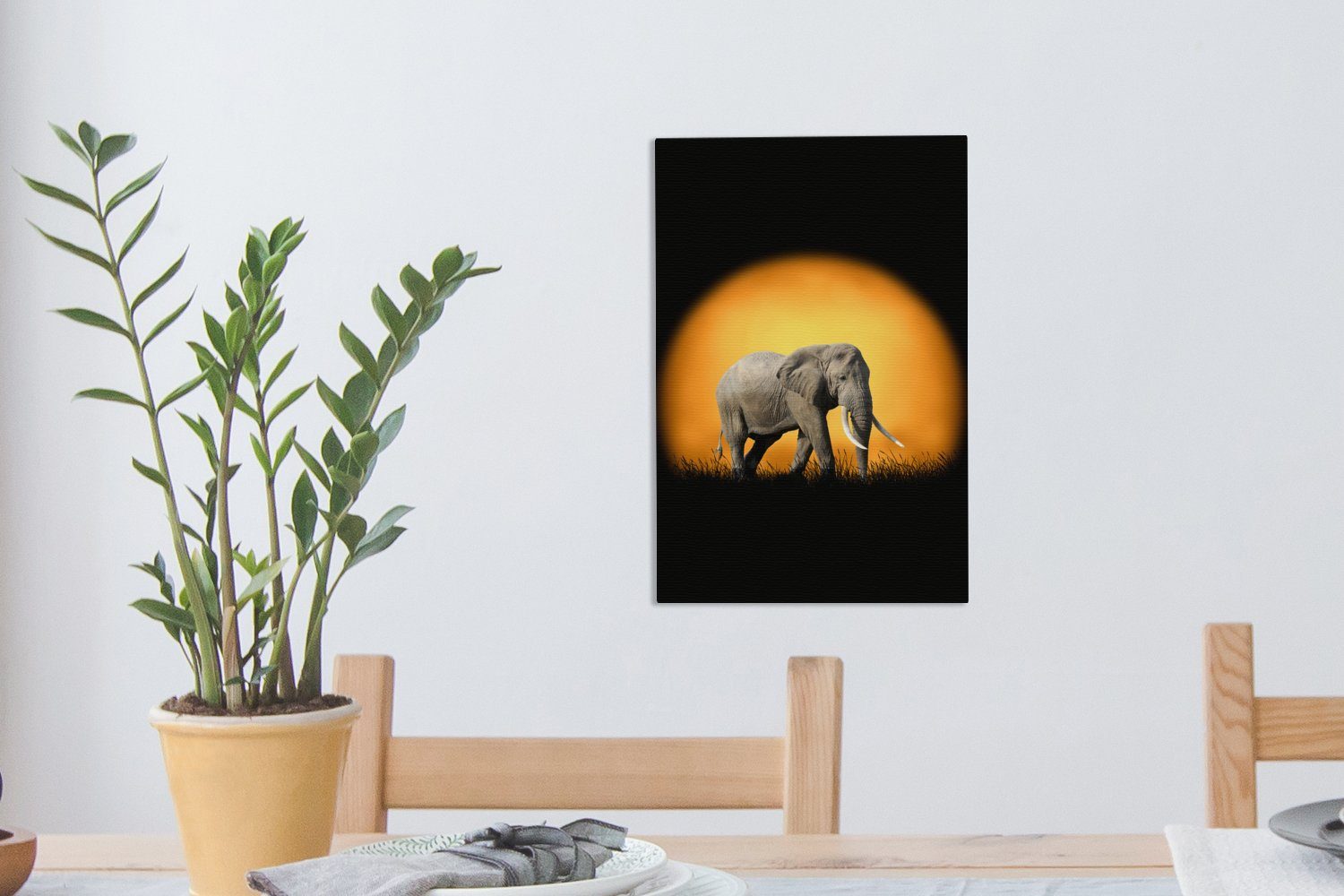 OneMillionCanvasses® Leinwandbild Elefant Leinwandbild fertig inkl. cm (1 20x30 Zackenaufhänger, - St), Gemälde, Sonne - Orange, bespannt