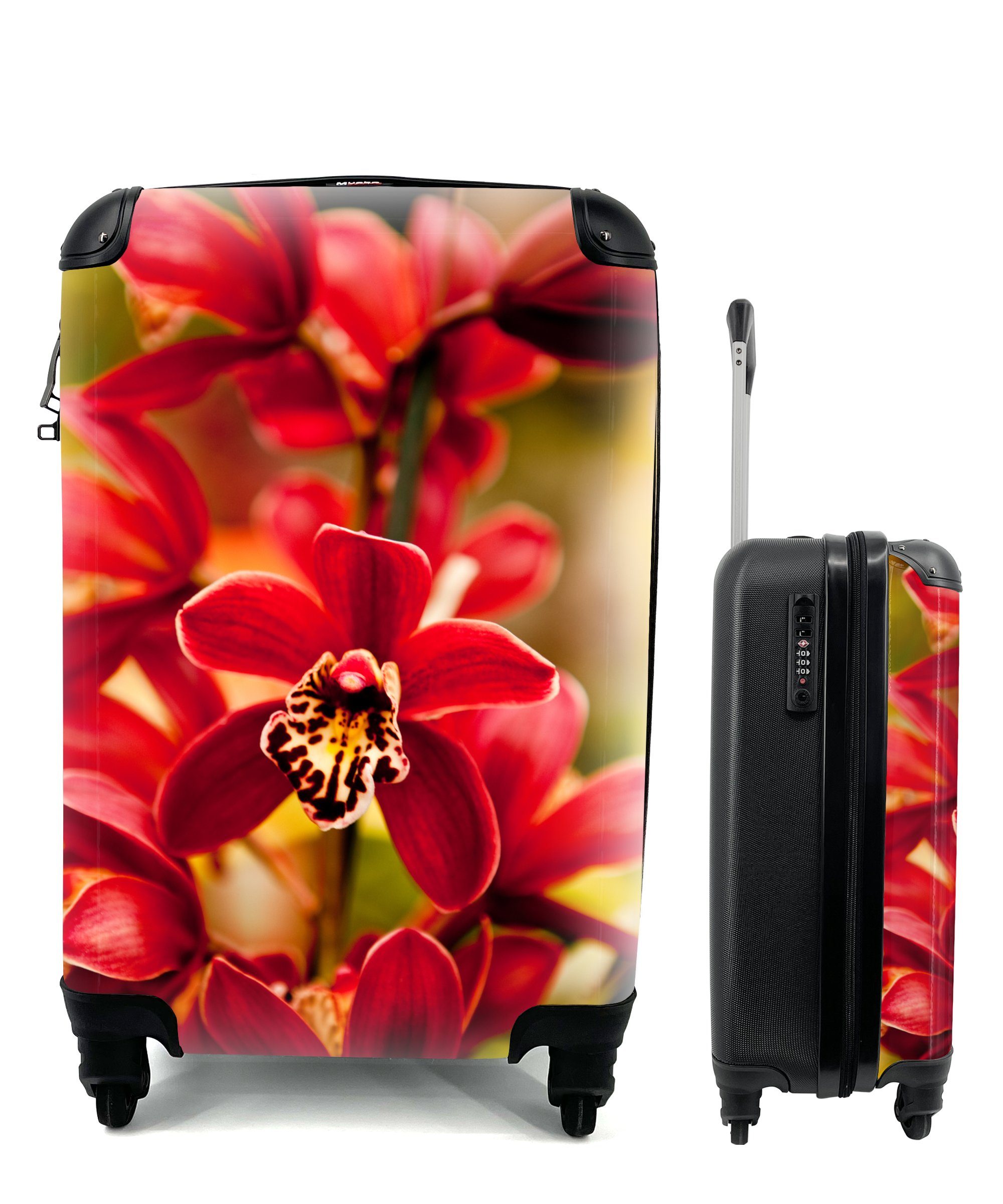 MuchoWow Handgepäckkoffer Rote Orchideen mit verblasstem Hintergrund, 4 Rollen, Reisetasche mit rollen, Handgepäck für Ferien, Trolley, Reisekoffer