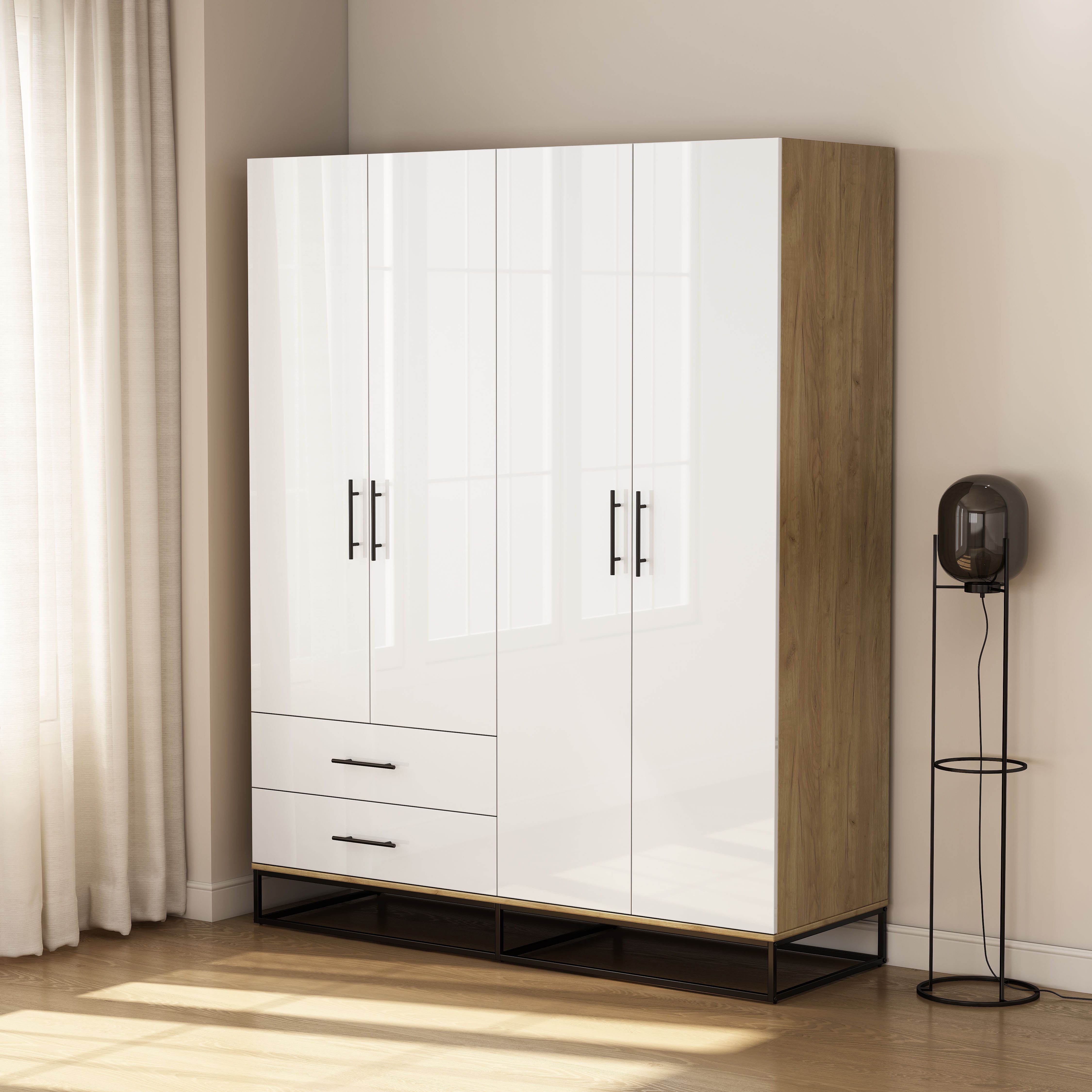 OTTO home Kleiderschrank Lucca Schlafzimmerschrank Garderobe Hochglanz Bestseller (Schwarze Griffe und Kufengestell aus Metall) Schlafzimmerschrank mit 4 Türen und 2 Schubladen, Breite 160cm