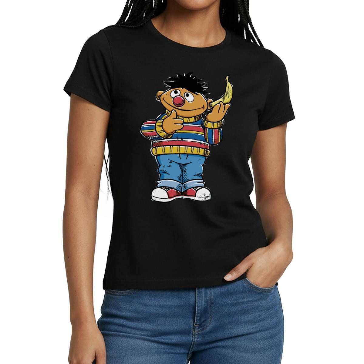 Spreadshirt T-Shirt Sesamstraße Ernie Mit Banane Pose Lustig Used Look Frauen T-Shirt (1-tlg)