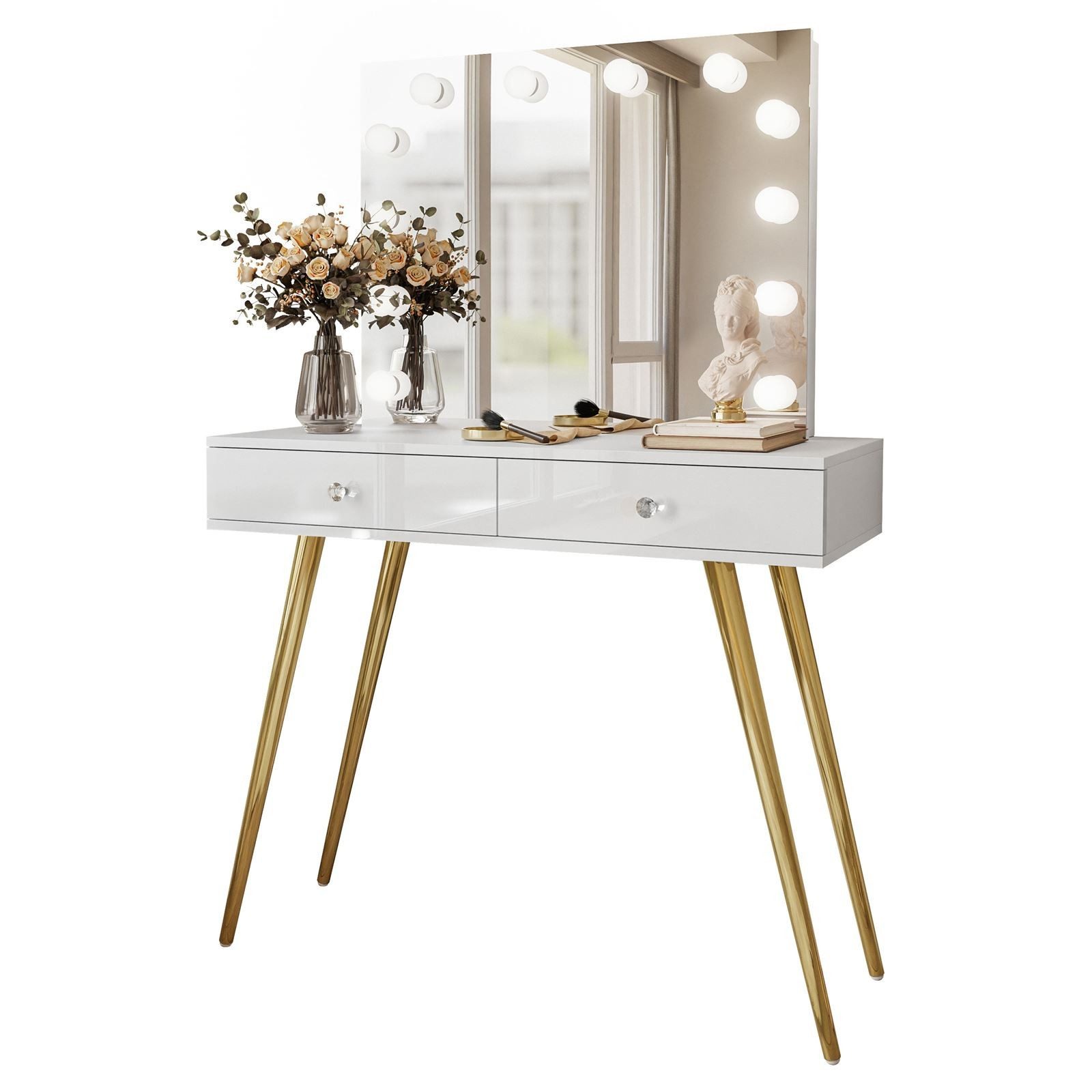 ALLHOUSE24 Schminktisch NOEL GOLD ELITE Hochglanz/matt Spiegel und Glühbirnen Kosmetiktisch (1x Konsolentisch, 1x Spiegel mit 12 LED Lampen), Breite 100 cm