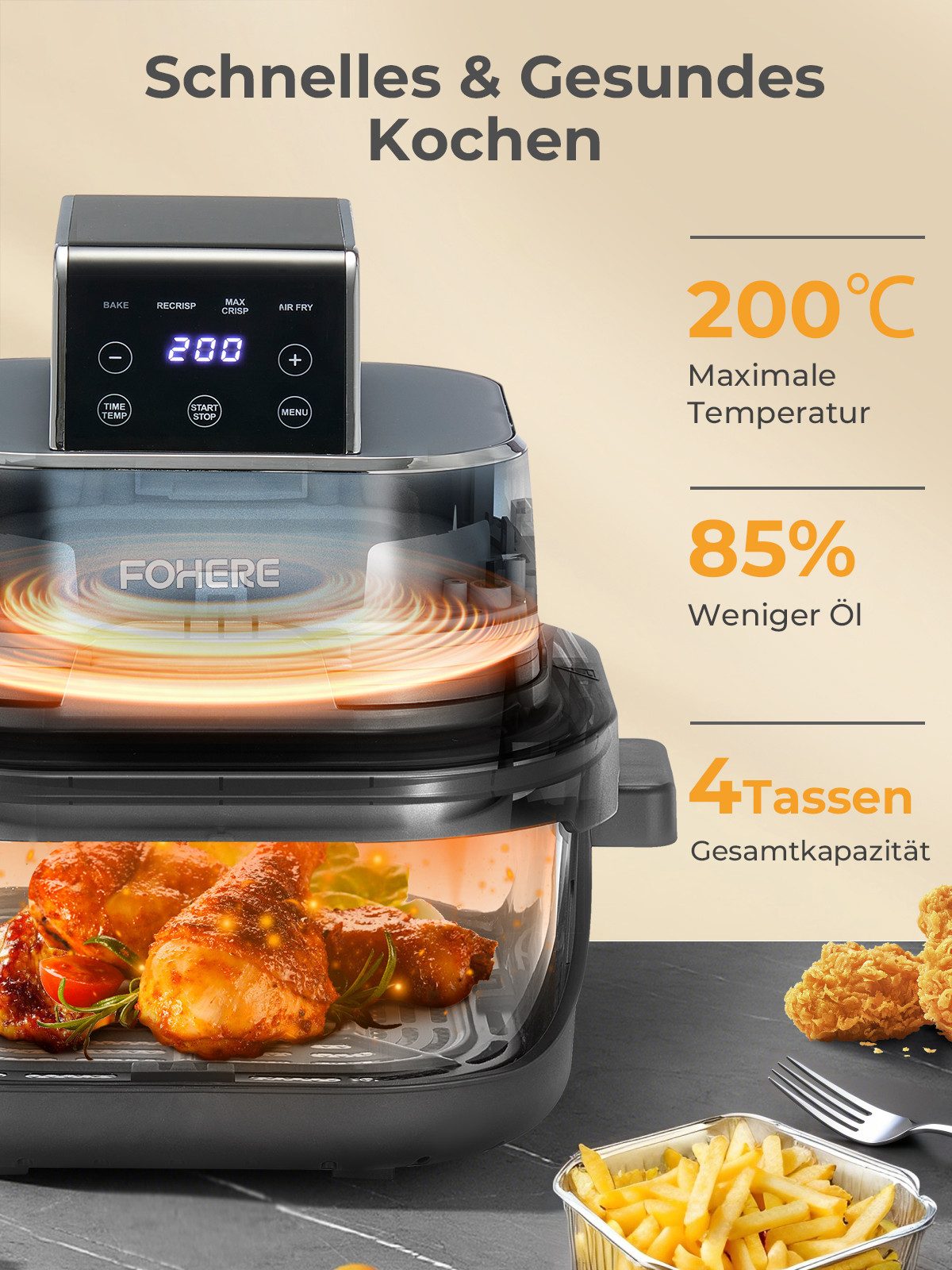 FOHERE Heißluftfritteuse Tragbare Heißluftfritteuse, 4-in-1 Heißluftfrittieren für Bake, Recrisp, Max Crisp, Airfryer, 1500 W, 4L&1.5L, 6 Portionen, kompakt, 2xherausnehmbare Glasbehälter&Deckel