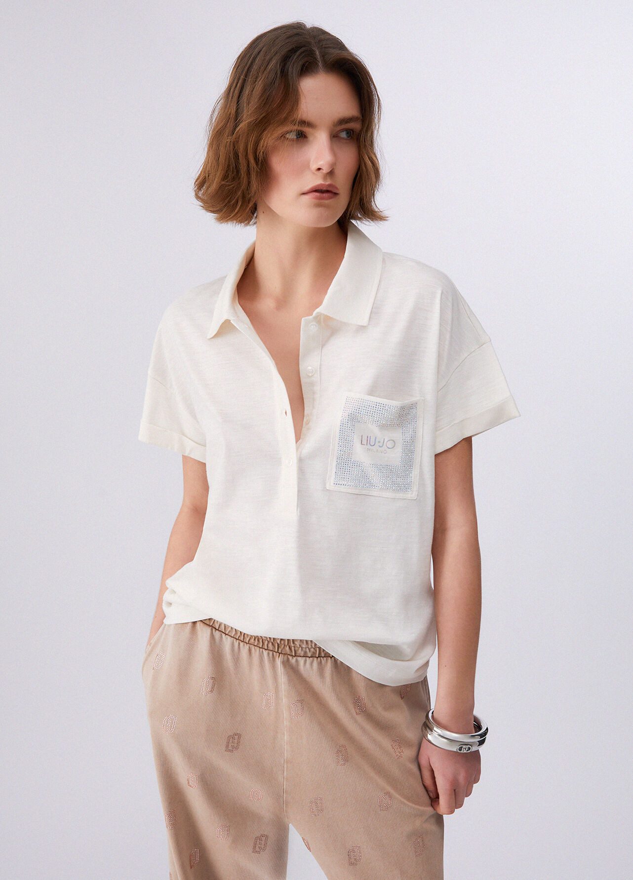 Liu Jo Kurzarmshirt - Poloshirt Damen - Damenshirt - T-Shirt - Shirt mit Strass - weiß