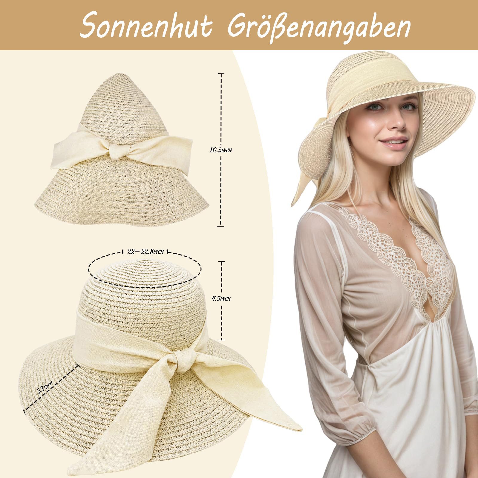 Zaewry Sonnenhut Damen Sonnenhut mit Sonnenschutz, Sommer-Strandhut, Hut mit Schleife, ideal für Strandurlaub und Reisen – Bild 5 von 5