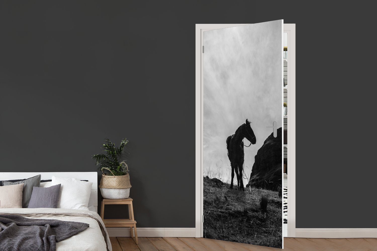Fototapete bedruckt, Türtapete Tür, Wolken Wiese, Türaufkleber, - St), Pferd (1 für MuchoWow Matt, 75x205 - cm