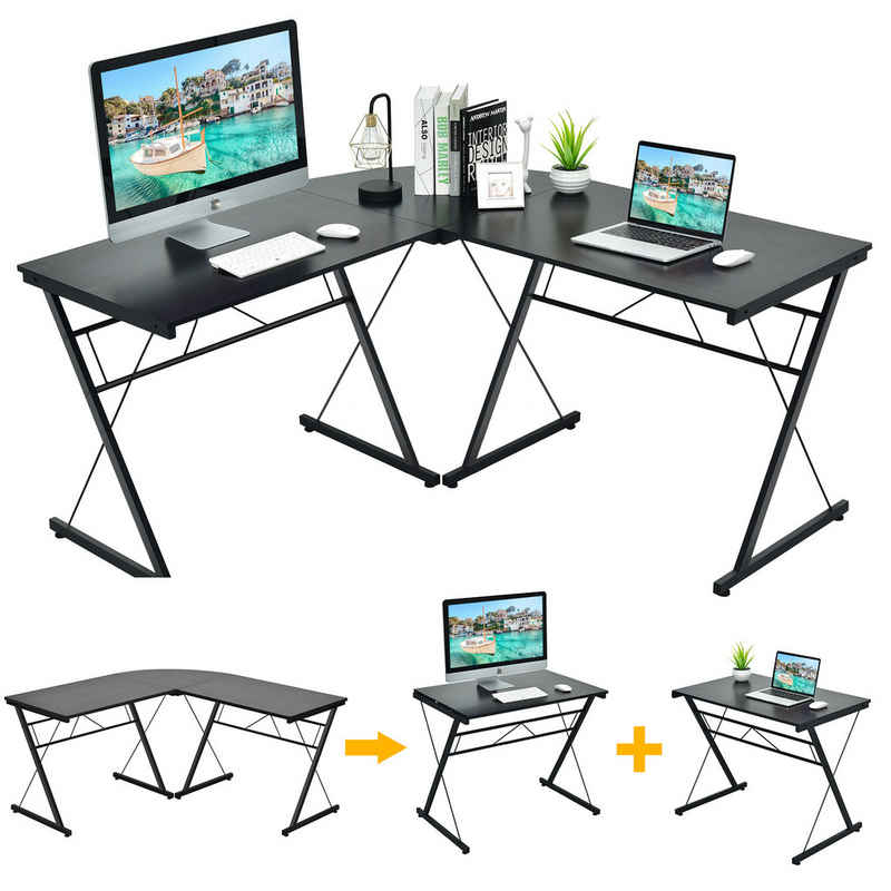 COSTWAY Computertisch, Ecktisch, L-förmig, Metallrahmen, 150x150x76cm schwarz