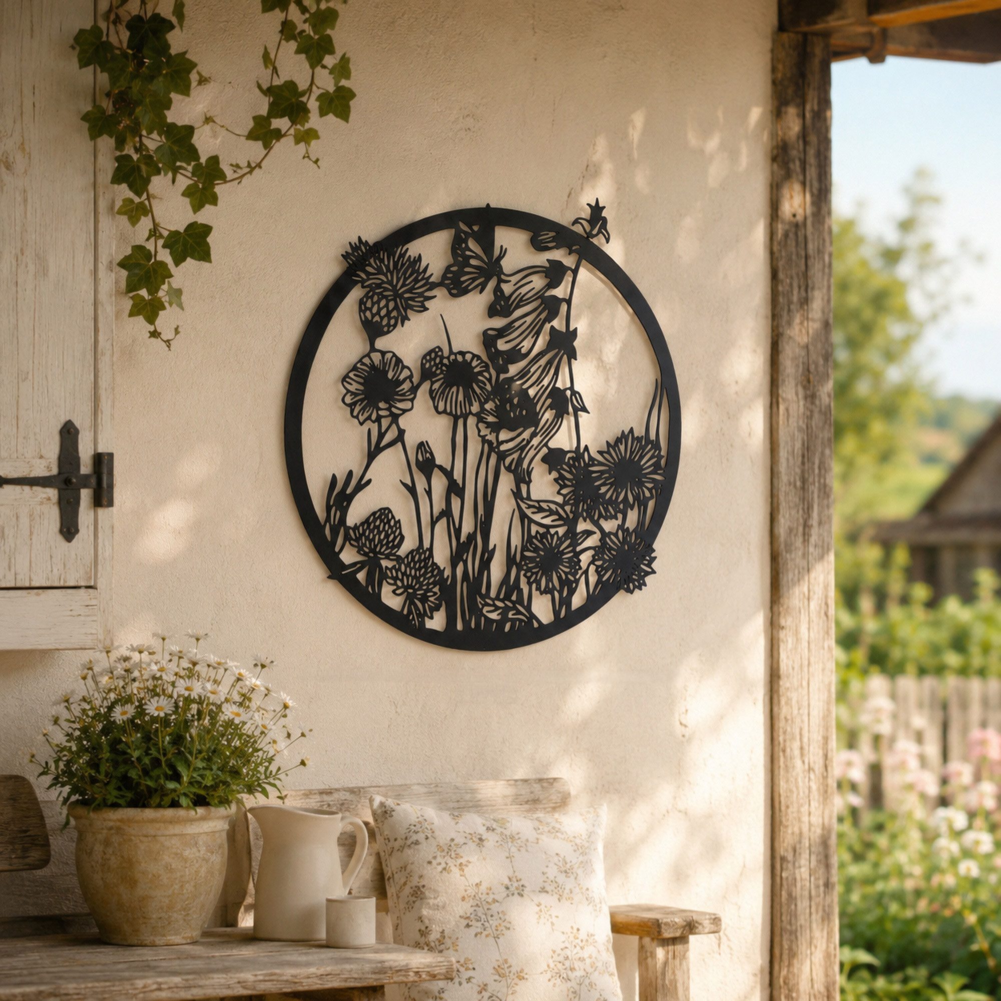UNUS HOME Wanddekoobjekt Metall Aufhänger Blumen Groß (48x46,5cm rund), Schwarz, Fensterdeko, Wanddeko zum Aufhängen